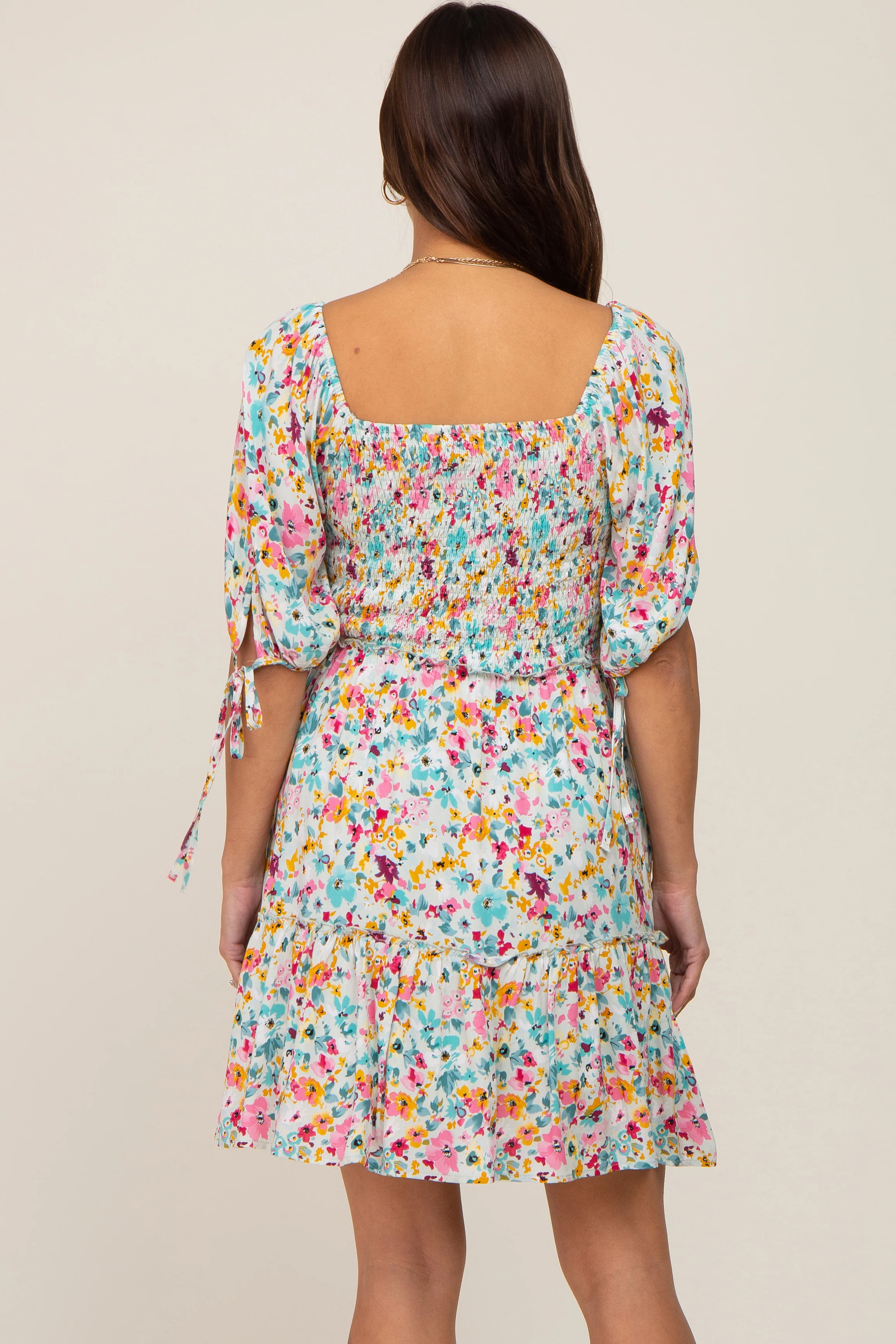 Mint Green Floral Smocked Square Neck Ruffle Maternity Dress - Image 4