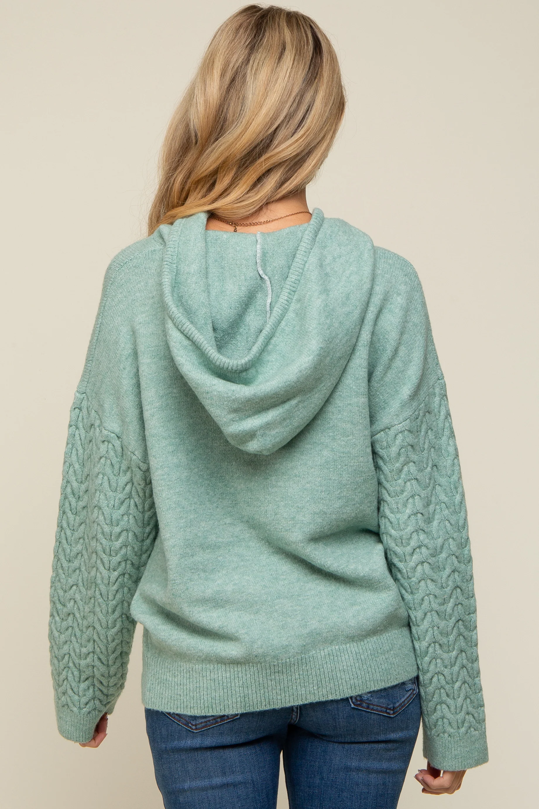 Mint Green Mixed Knit Maternity Hooded Sweater - Image 3