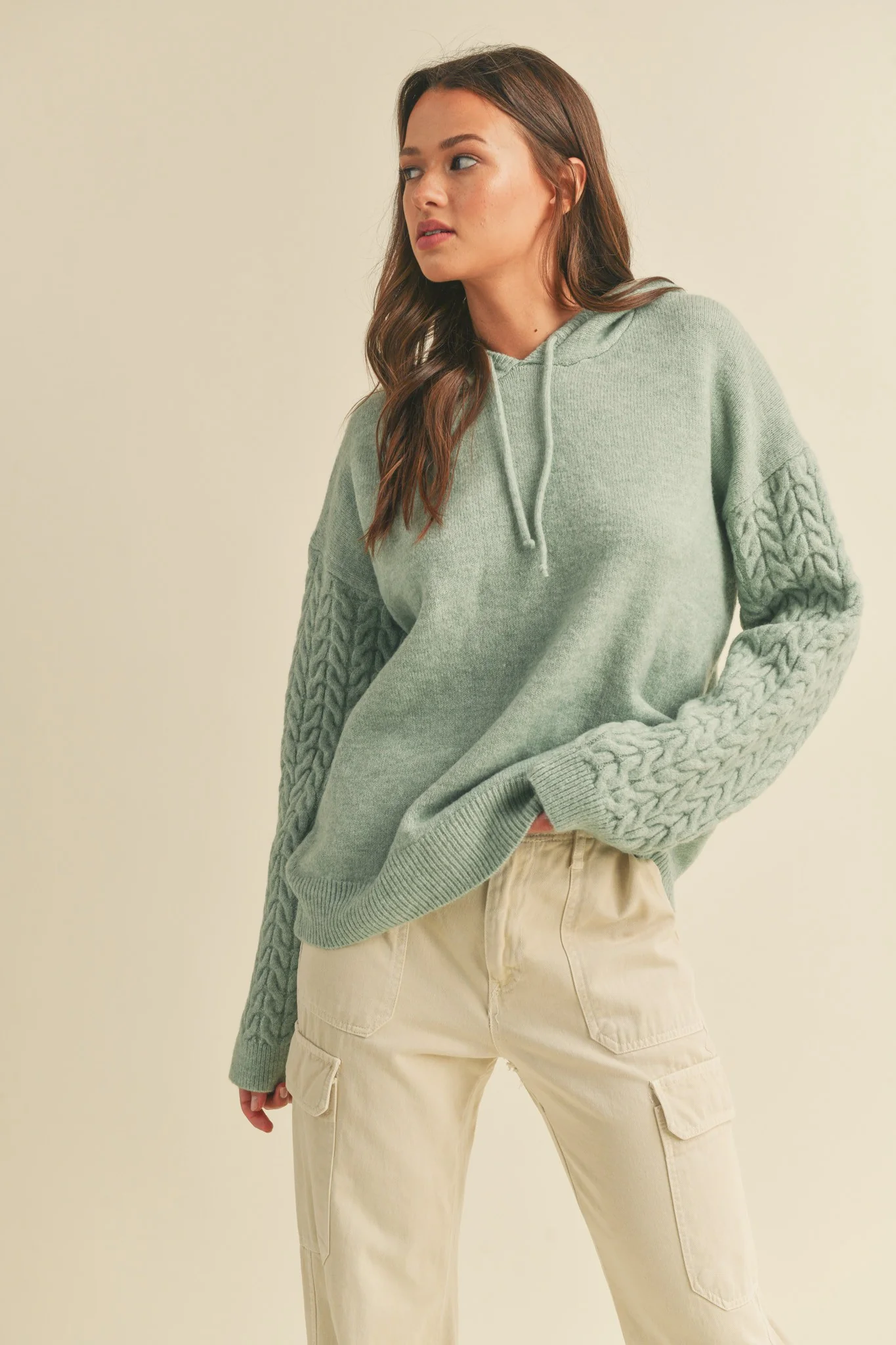Mint Green Mixed Knit Maternity Hooded Sweater - Image 5