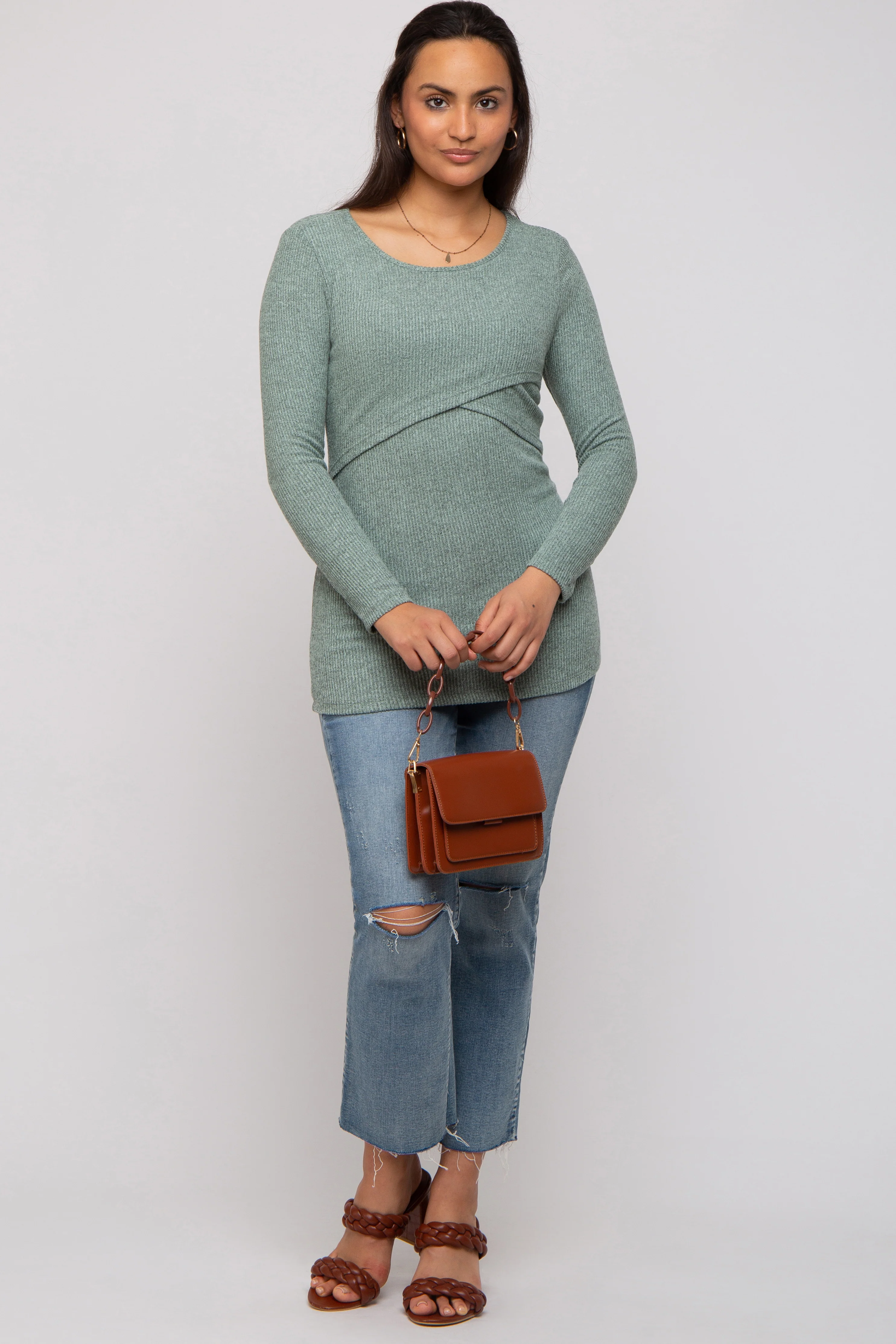 Mint Green Ribbed Crossover Maternity/Nursing Top - Image 6