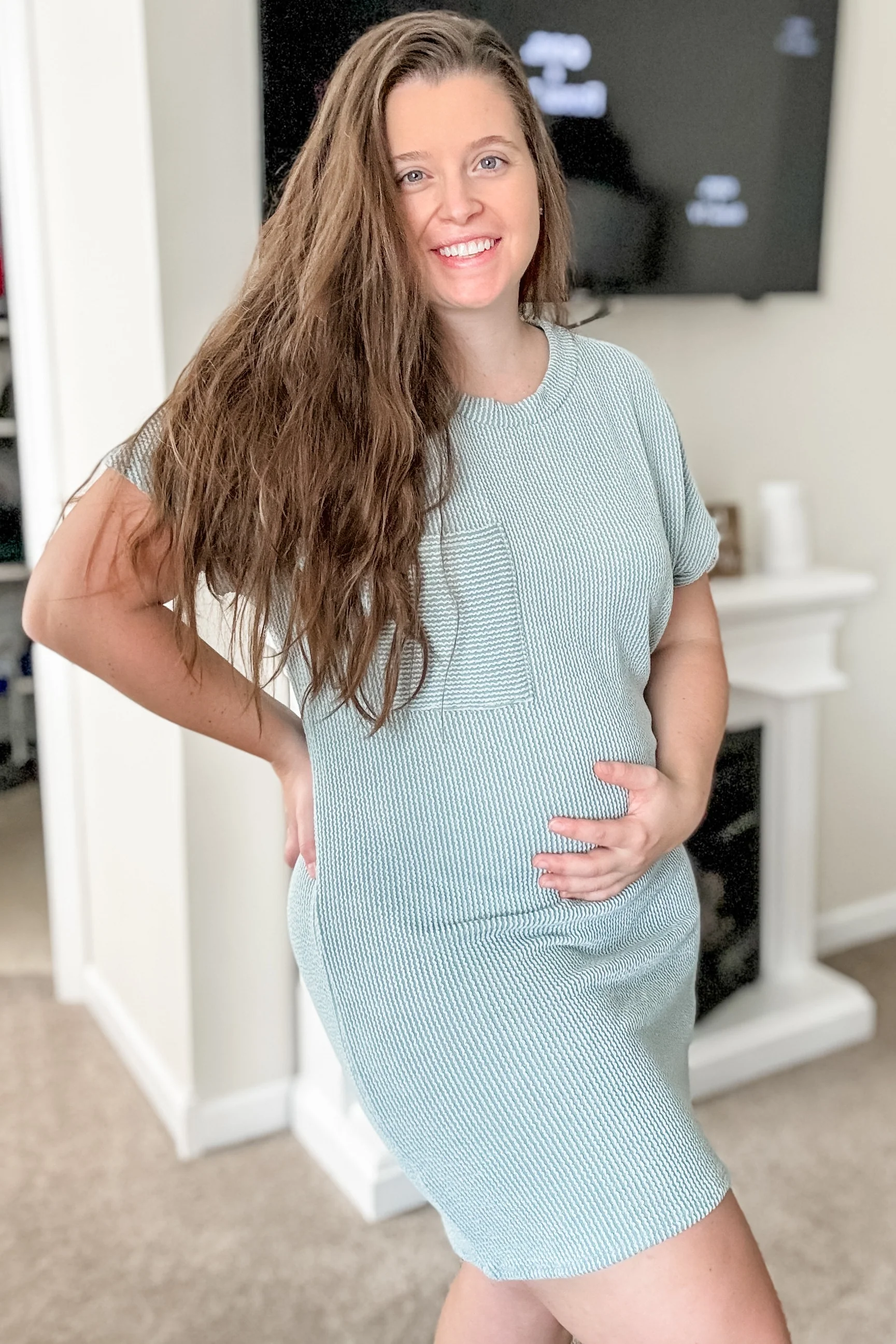 Mint Green Ribbed Front Pocket Dolman Short Sleeve Maternity Dress - Image 4