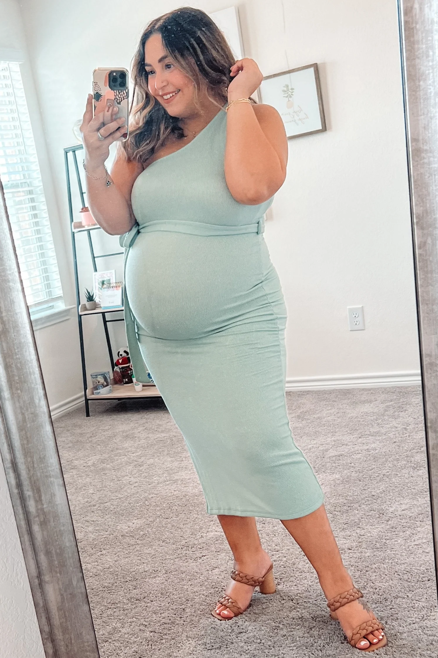 Mint Green Ribbed One Shoulder Side Slit Maternity Midi Dress - Image 4