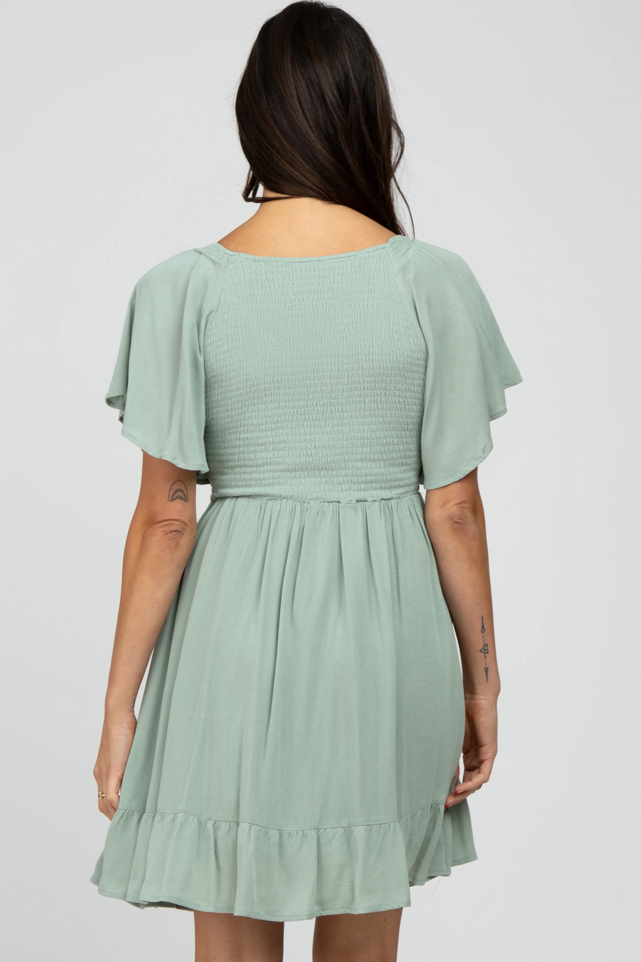 Mint Green Smocked Front Ruffle Hem Dress - Image 4