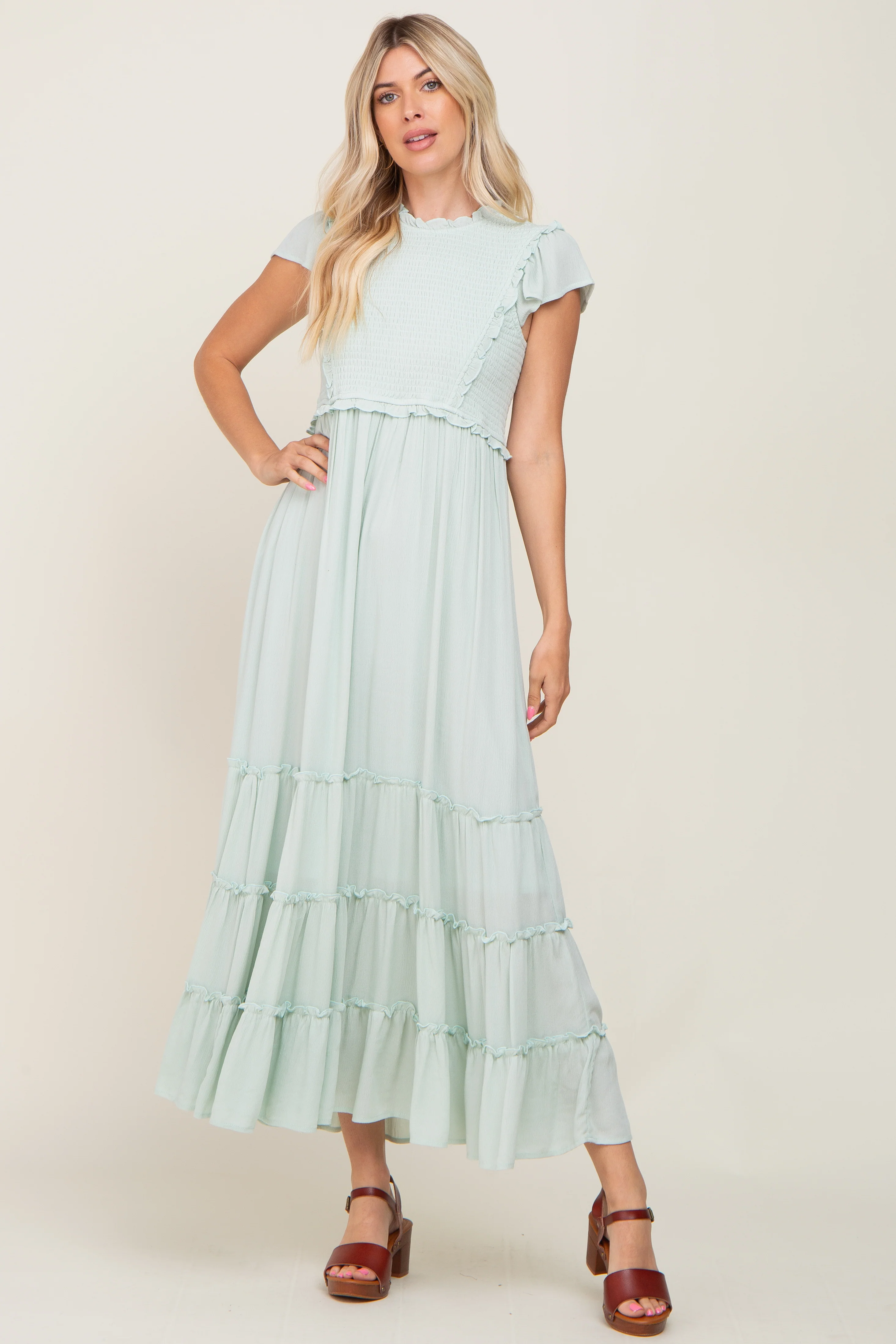 Mint Green Smocked Ruffle Accent Tiered Maternity Maxi Dress - Image 4