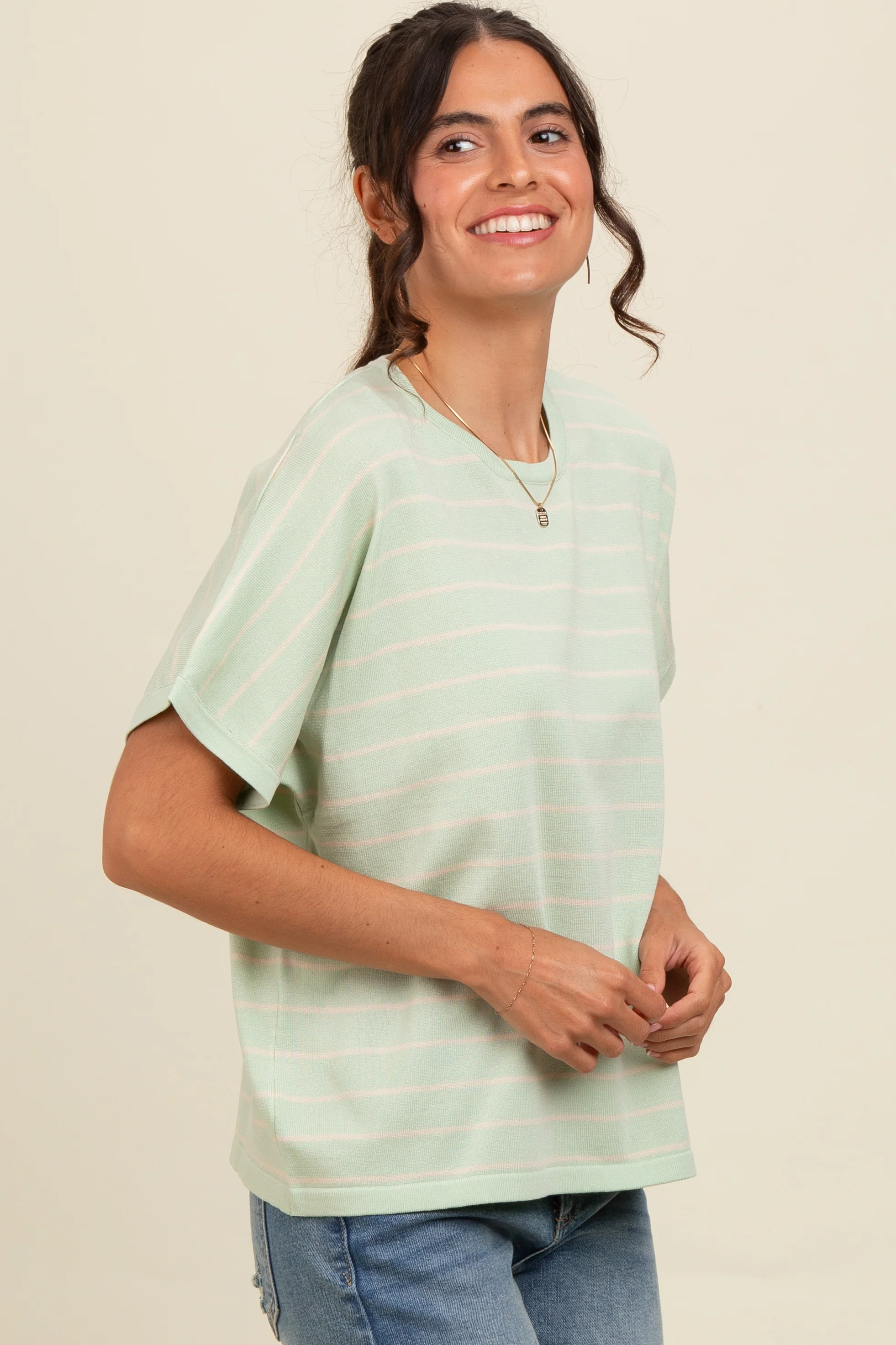 Mint Green Striped Boxy Short Sleeve Top - Image 3