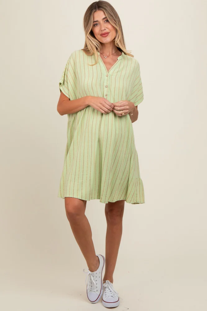 Mint Green Striped Button Front Maternity Dress - Image 3