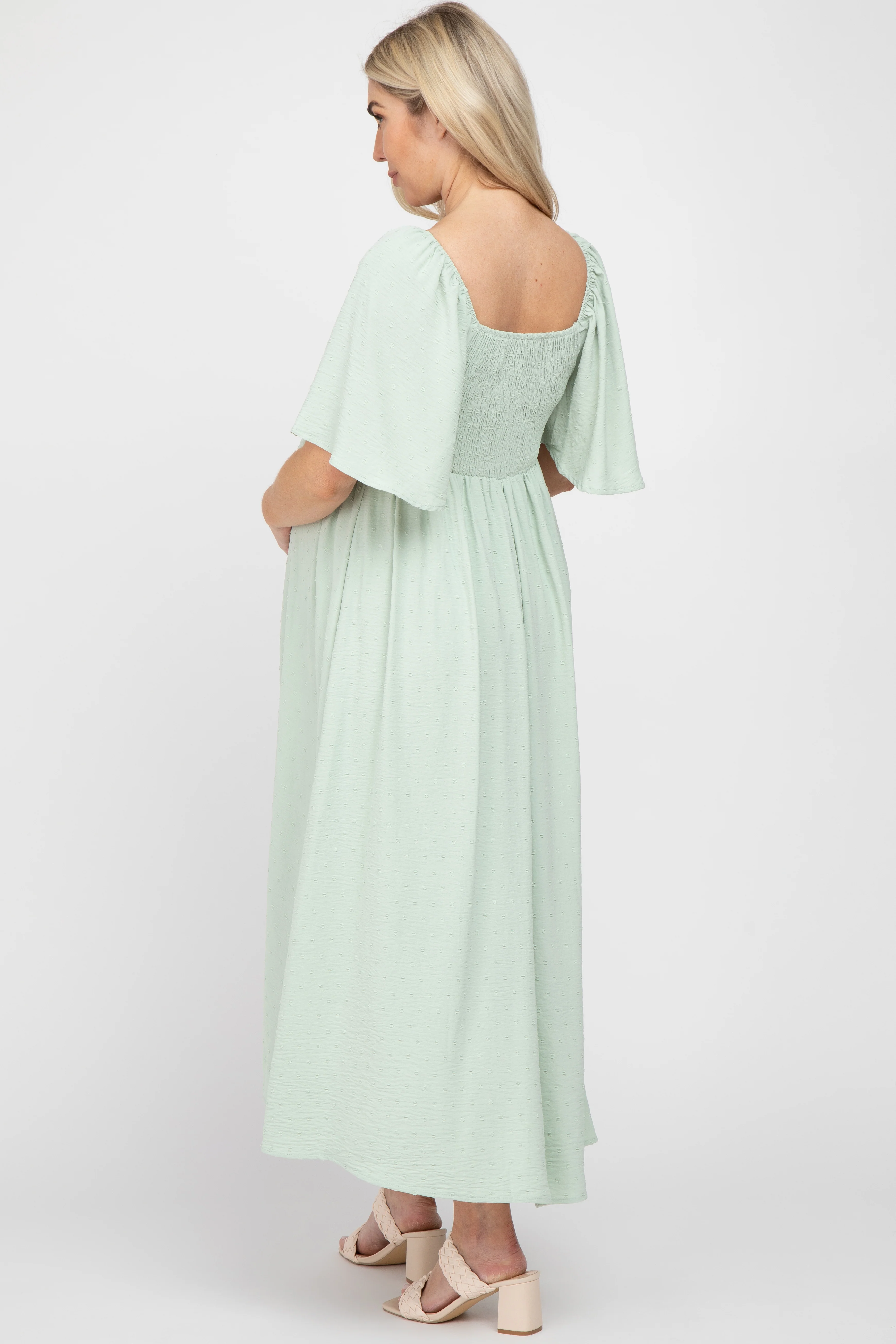 Mint Green Textured Dot Front Tie Ruffle Sleeve Maternity Midi Dress - Image 3