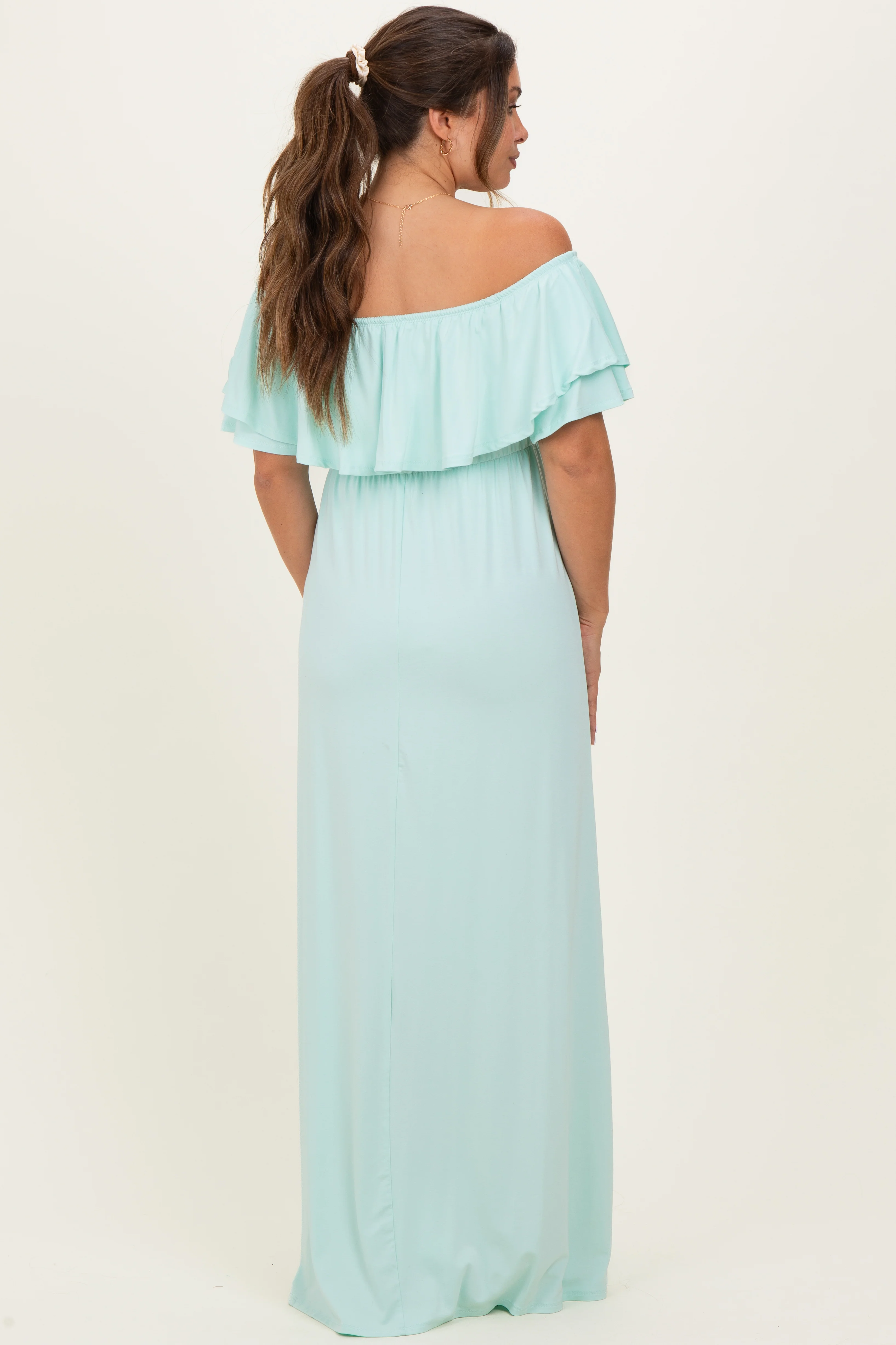 Mint Ruffle Off Shoulder Maternity Maxi Dress - Image 4