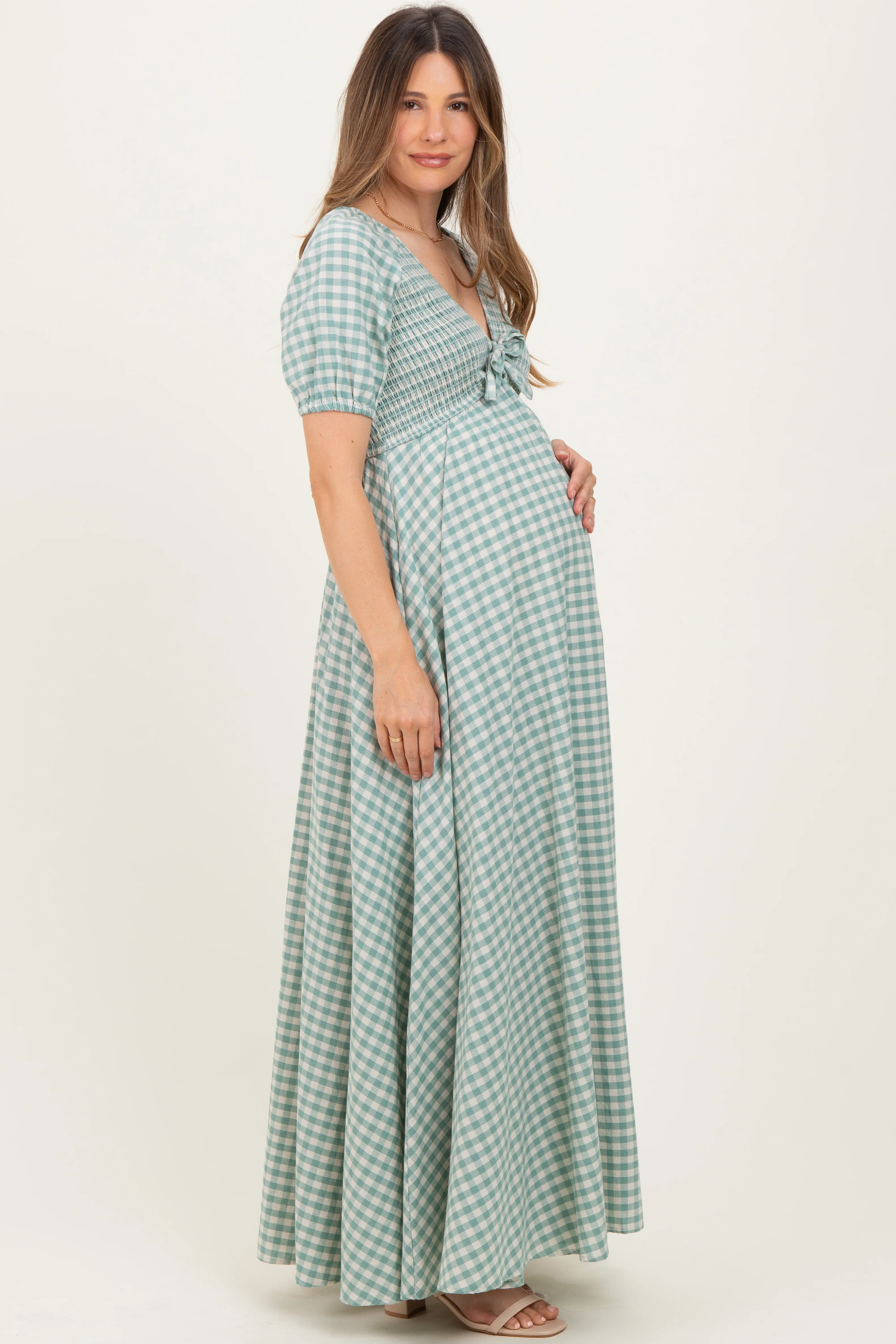 Mint Smocked Gingham Maternity Maxi Dress - Image 3