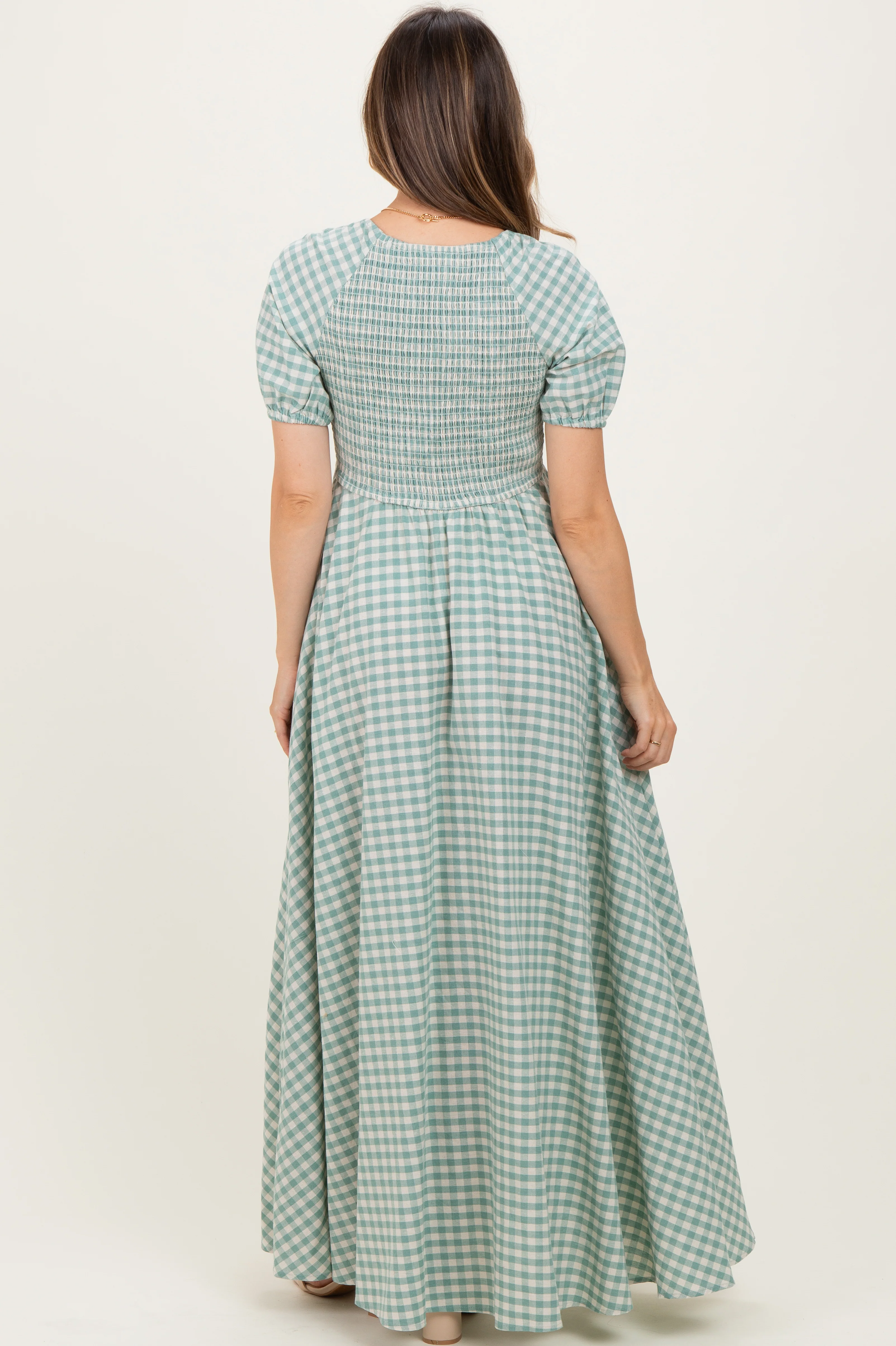 Mint Smocked Gingham Maternity Maxi Dress - Image 4