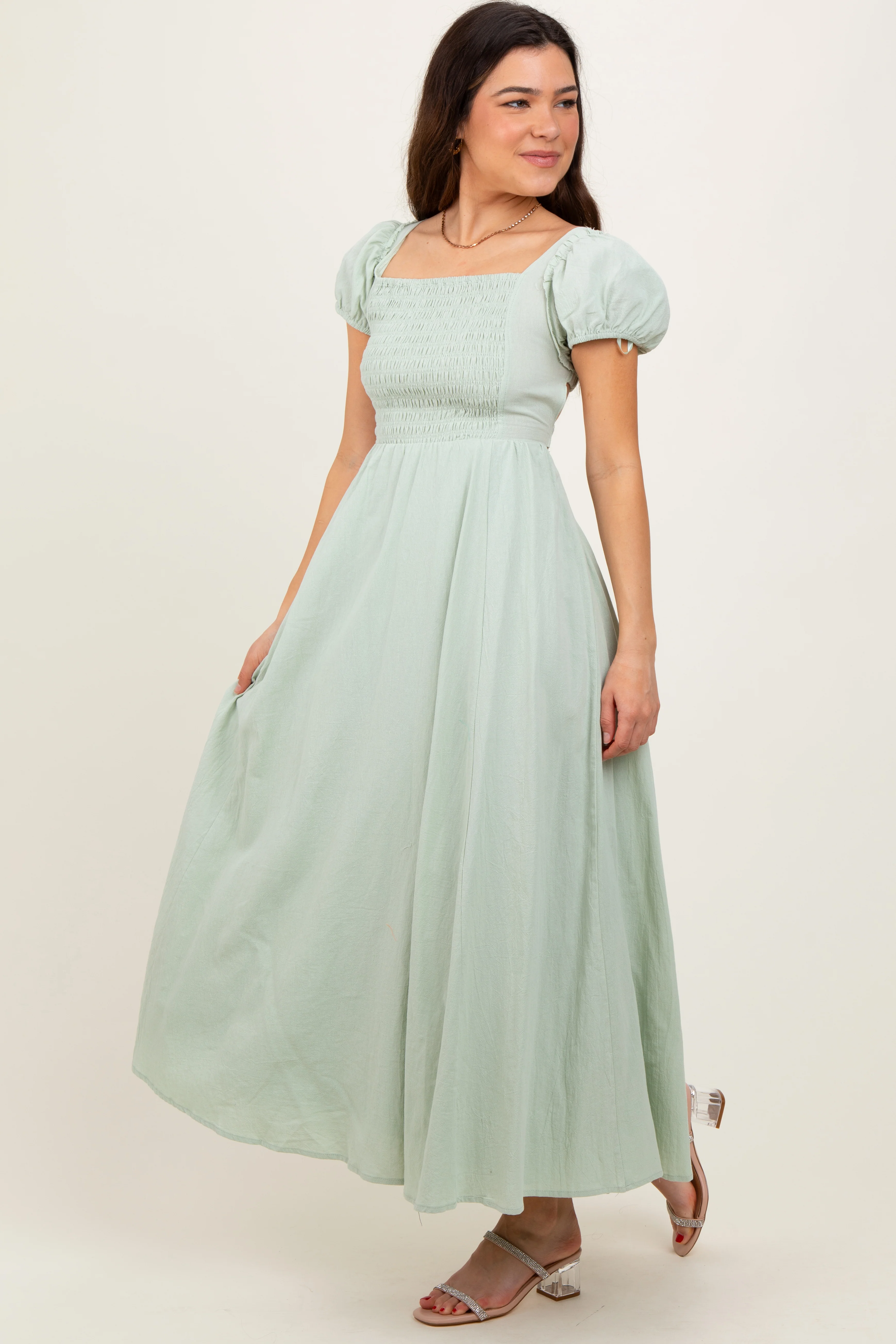 Mint Square Neck Smocked Top Criss Cross Back Tie Maxi Dress - Image 3