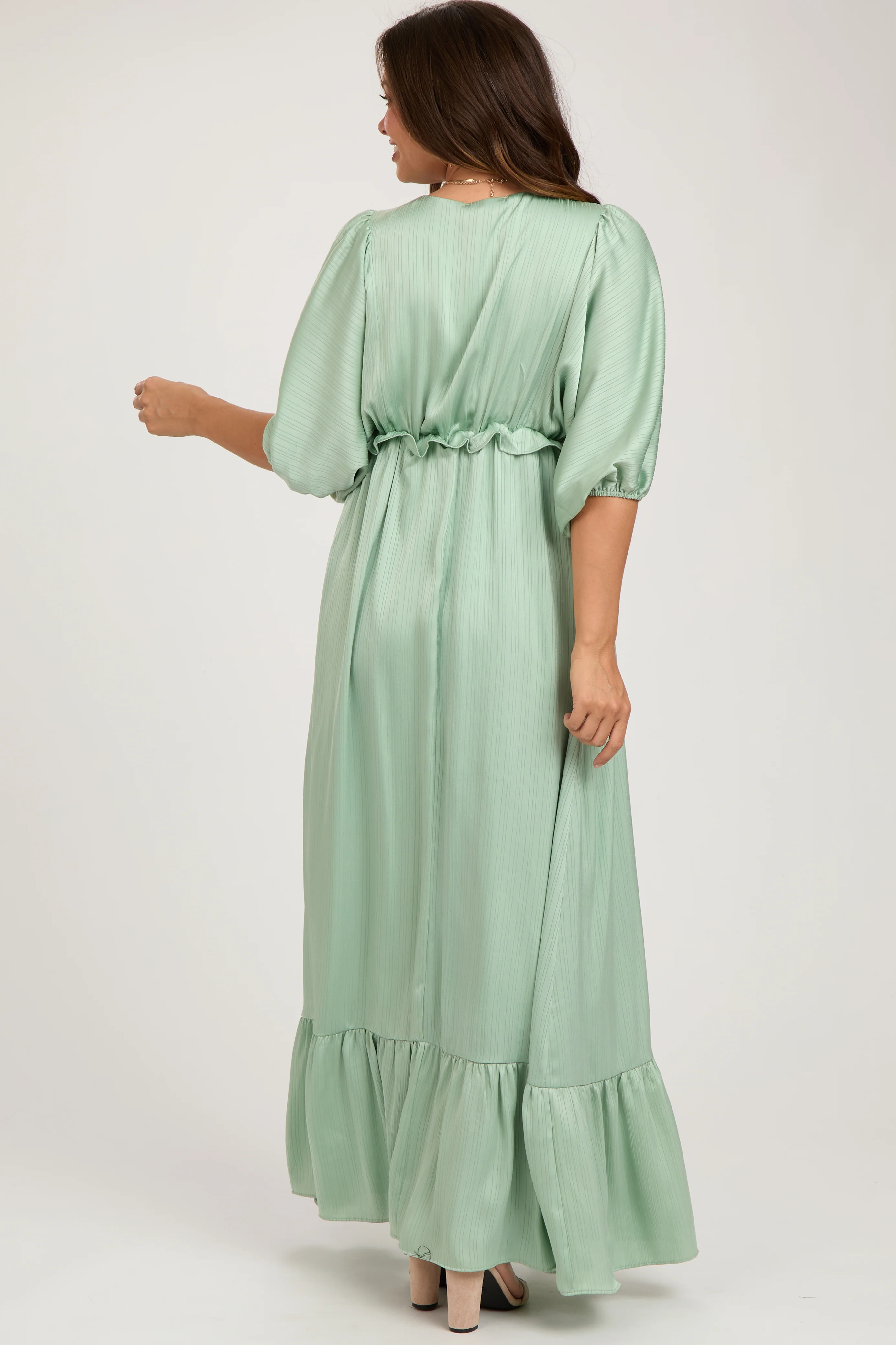Mint Striped Ruffle Accent Maternity Maxi Dress - Image 4