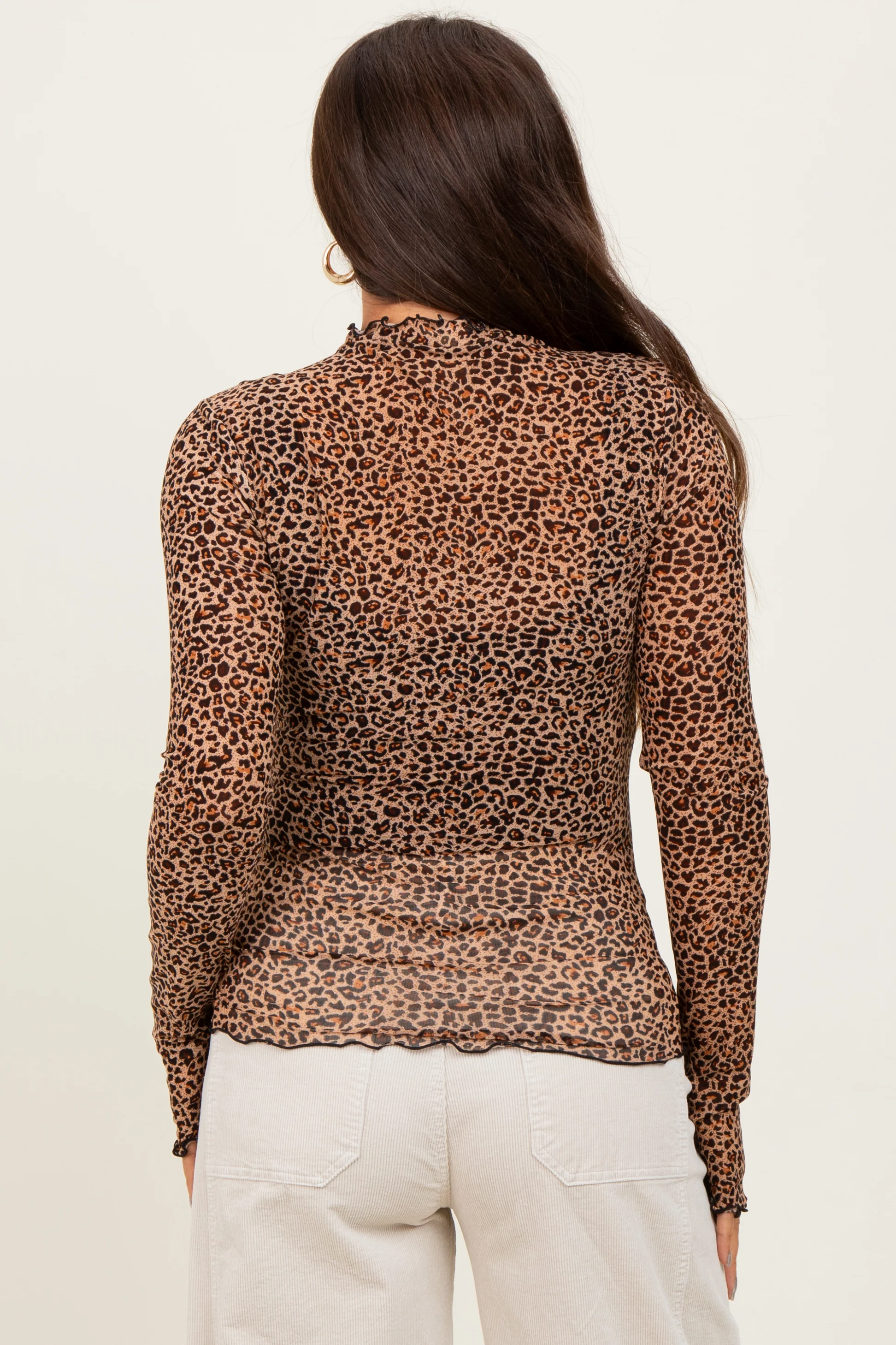 Mocha Animal Print Mesh Ruffle Neck Maternity Top - Image 4