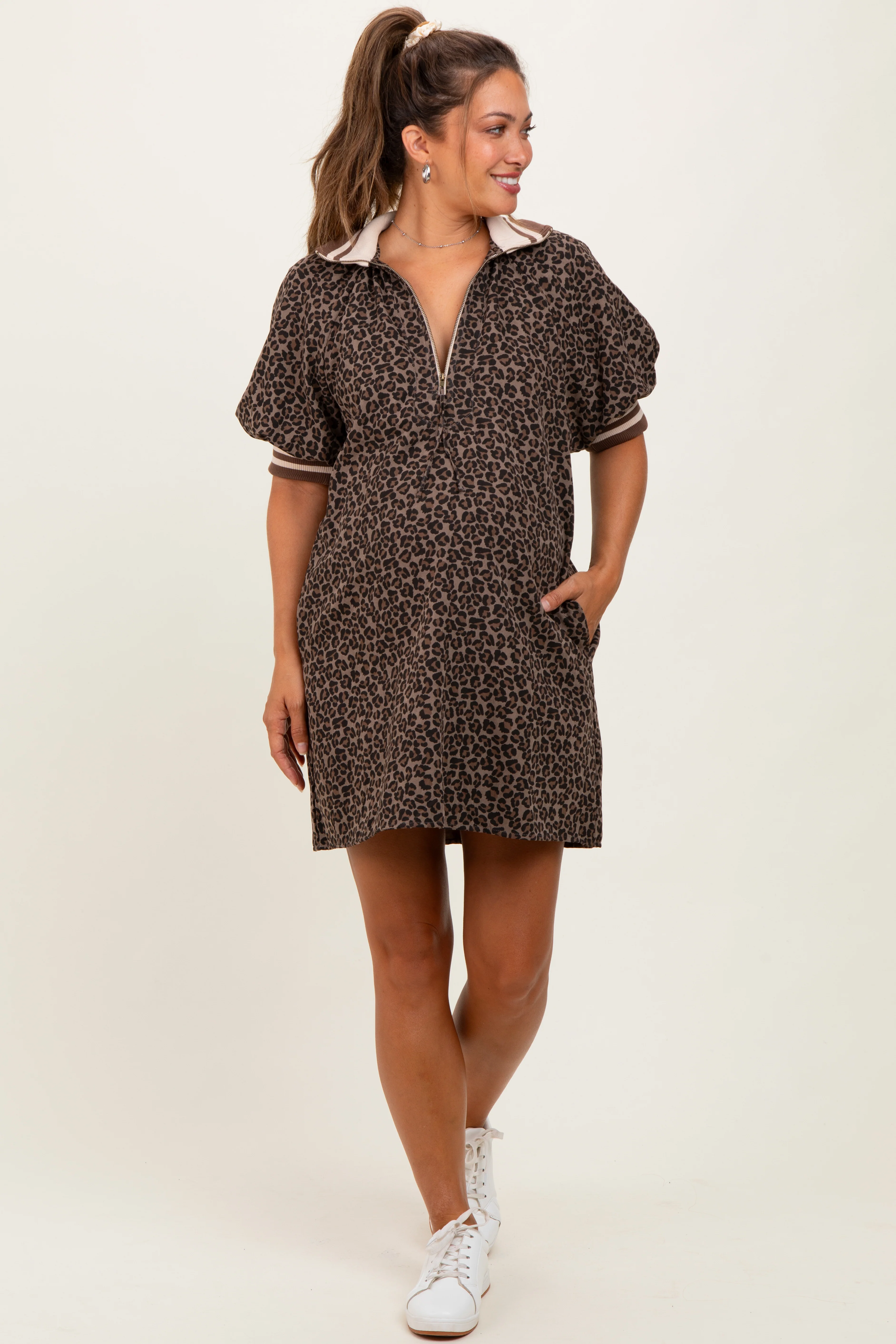 Mocha Animal Print Quarter Zip Puff Sleeve Maternity Mini Dress - Image 2