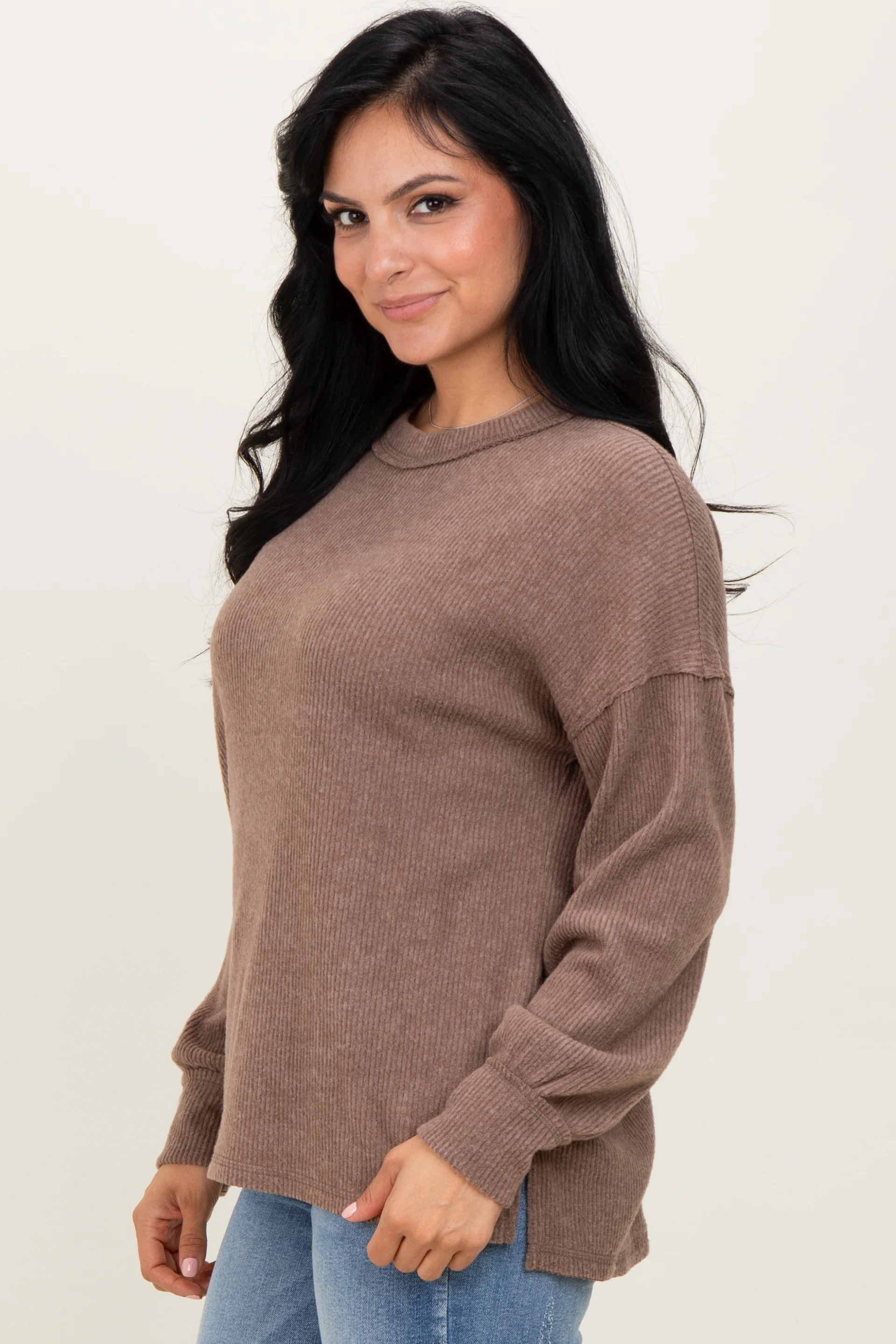 Mocha Brushed Ribbed Knit Pullover - Image 3