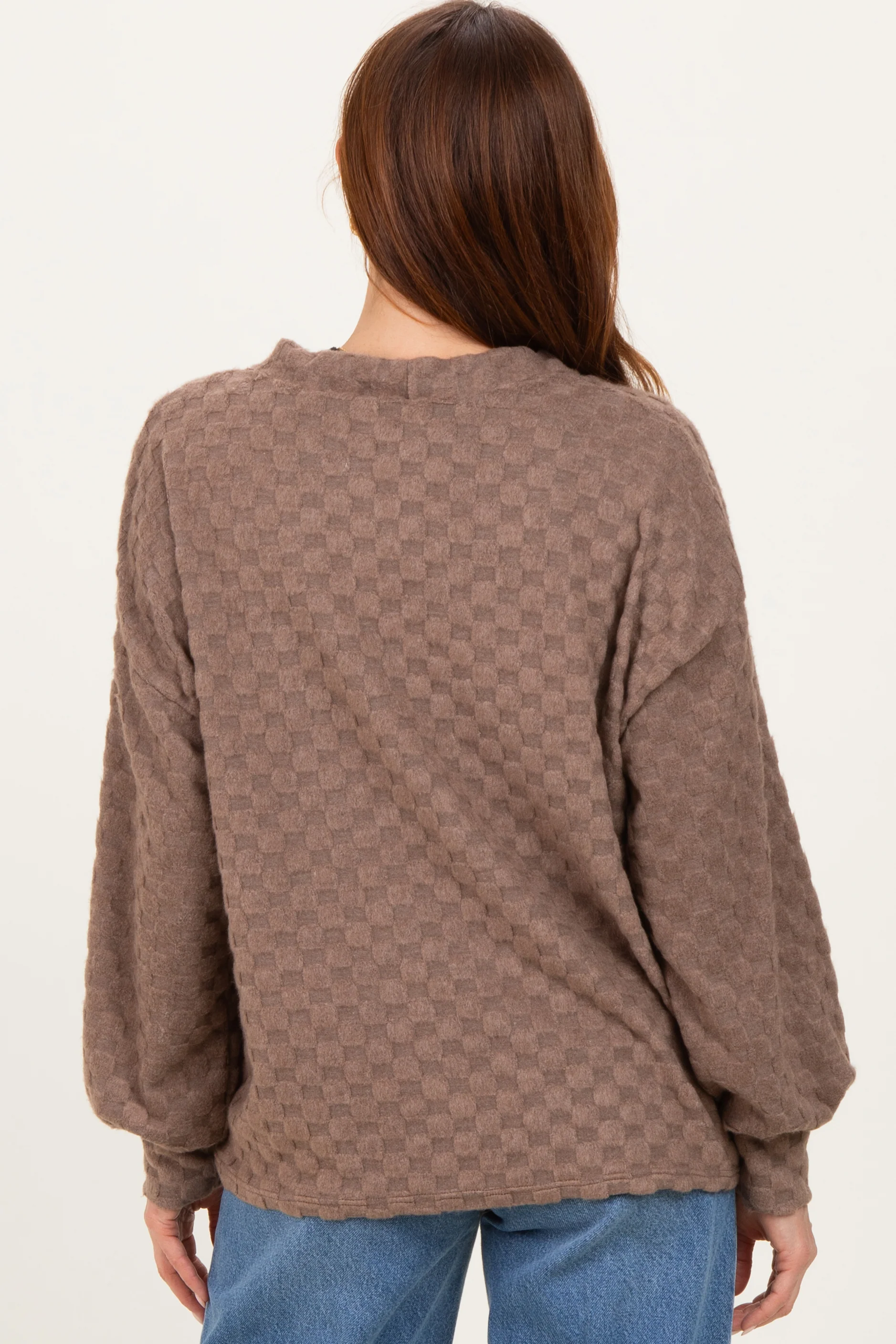 Mocha Checkered Knit Button Front Cardigan - Image 3