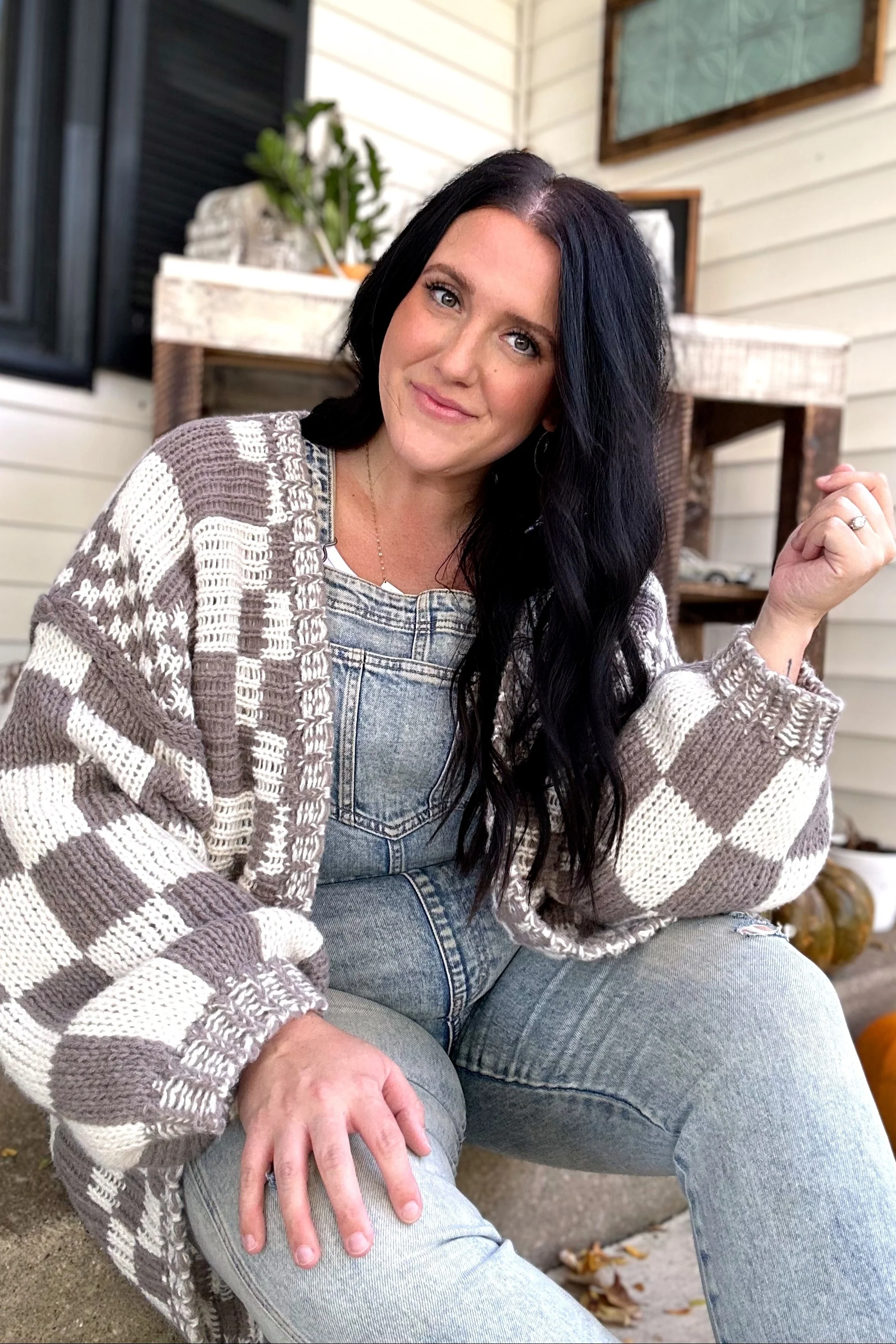 Mocha Checkered Oversized Chunky Knit Cardigan - Image 5