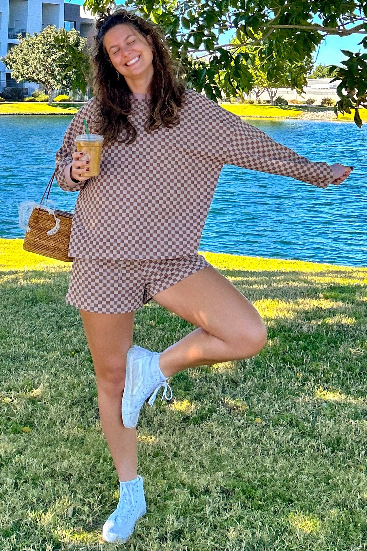 Mocha Checkered Plaid Pullover Shorts Set - Image 7