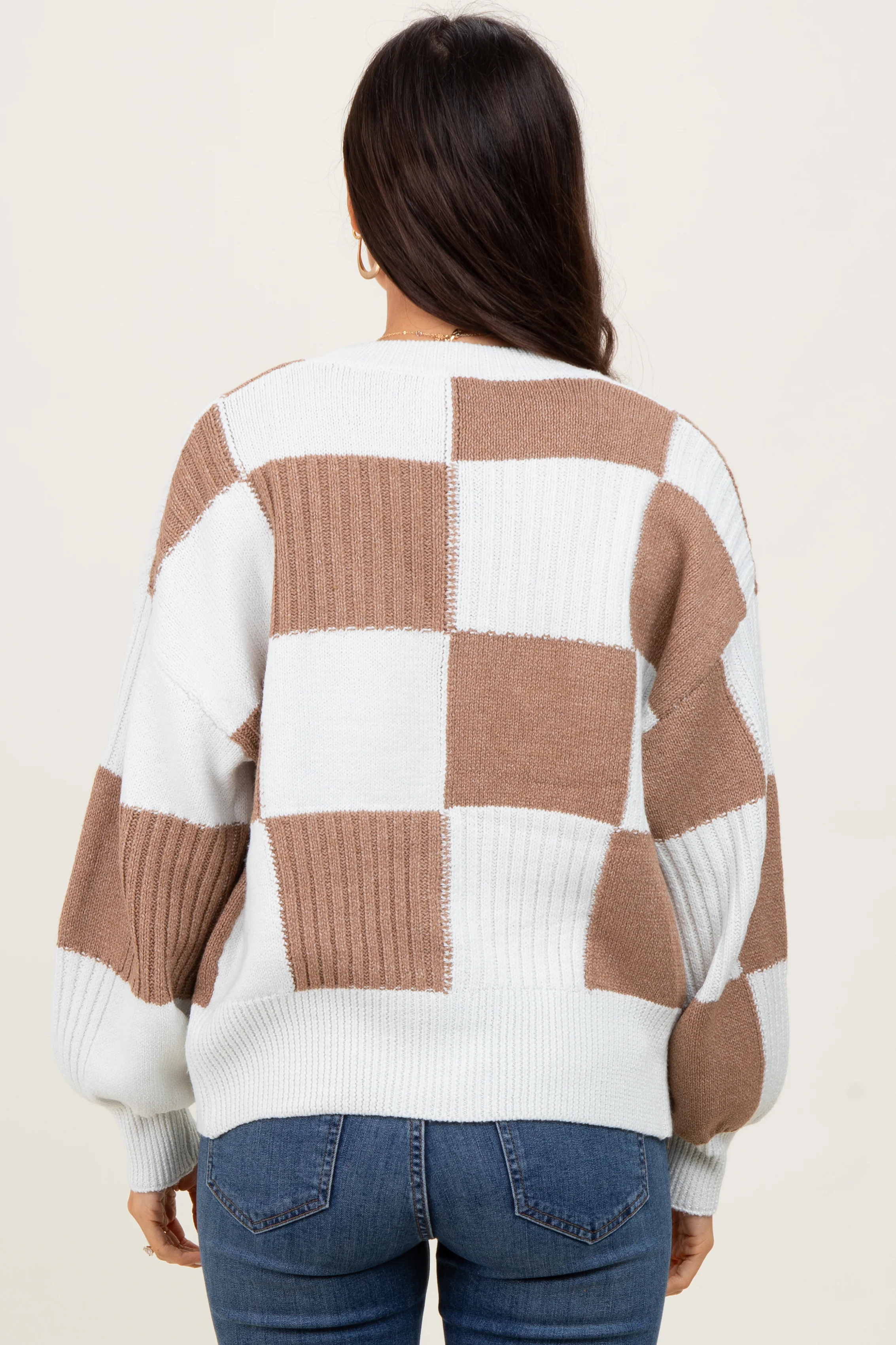 Mocha Checkered Rib Bubble Sleeve Button Cardigan - Image 4