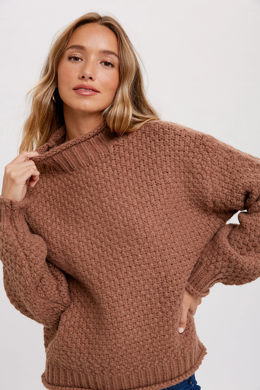 Mocha Chunky Knit Mock Neck Maternity Sweater - Image 9