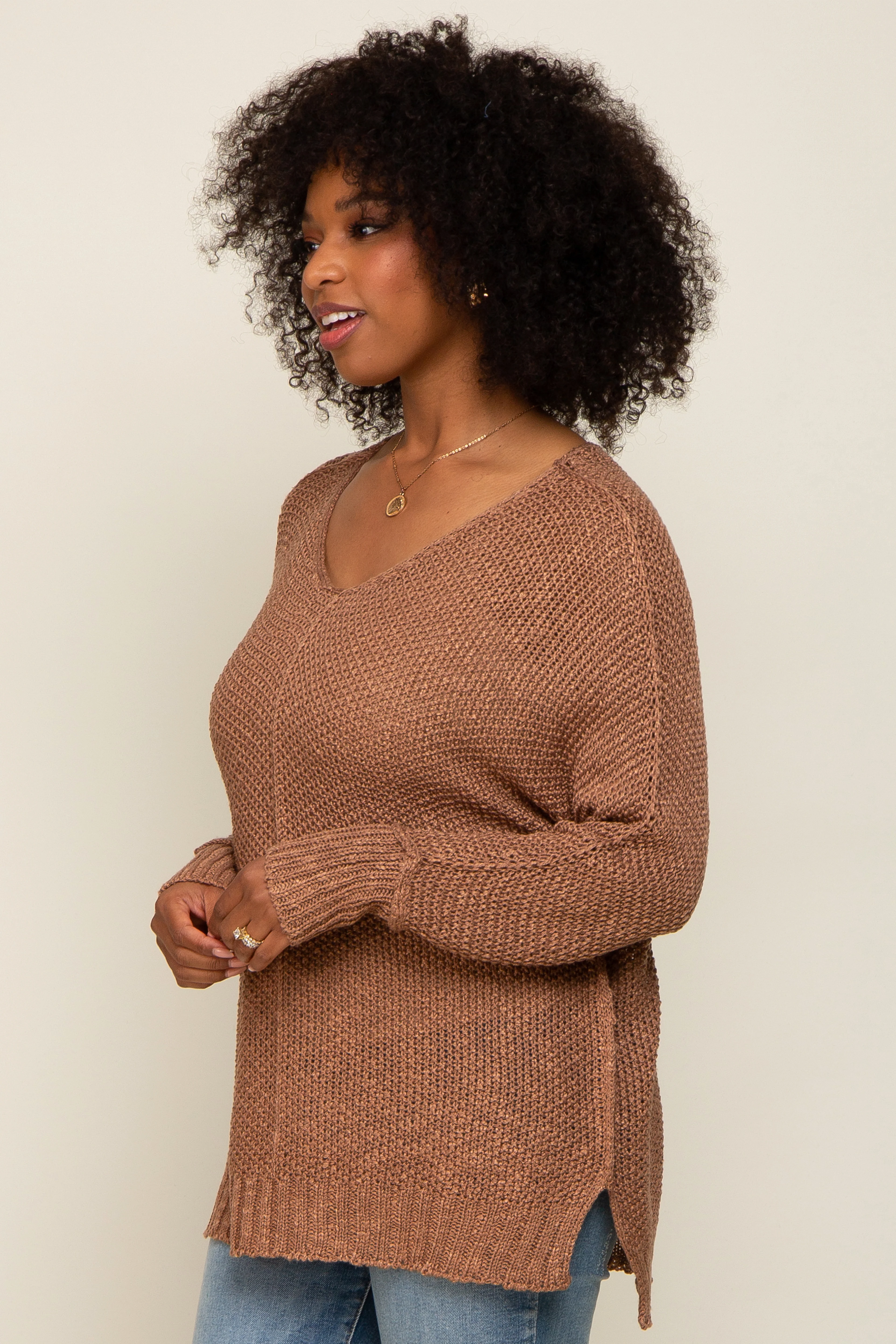 Mocha Chunky Knit Side Slit Sweater - Image 3