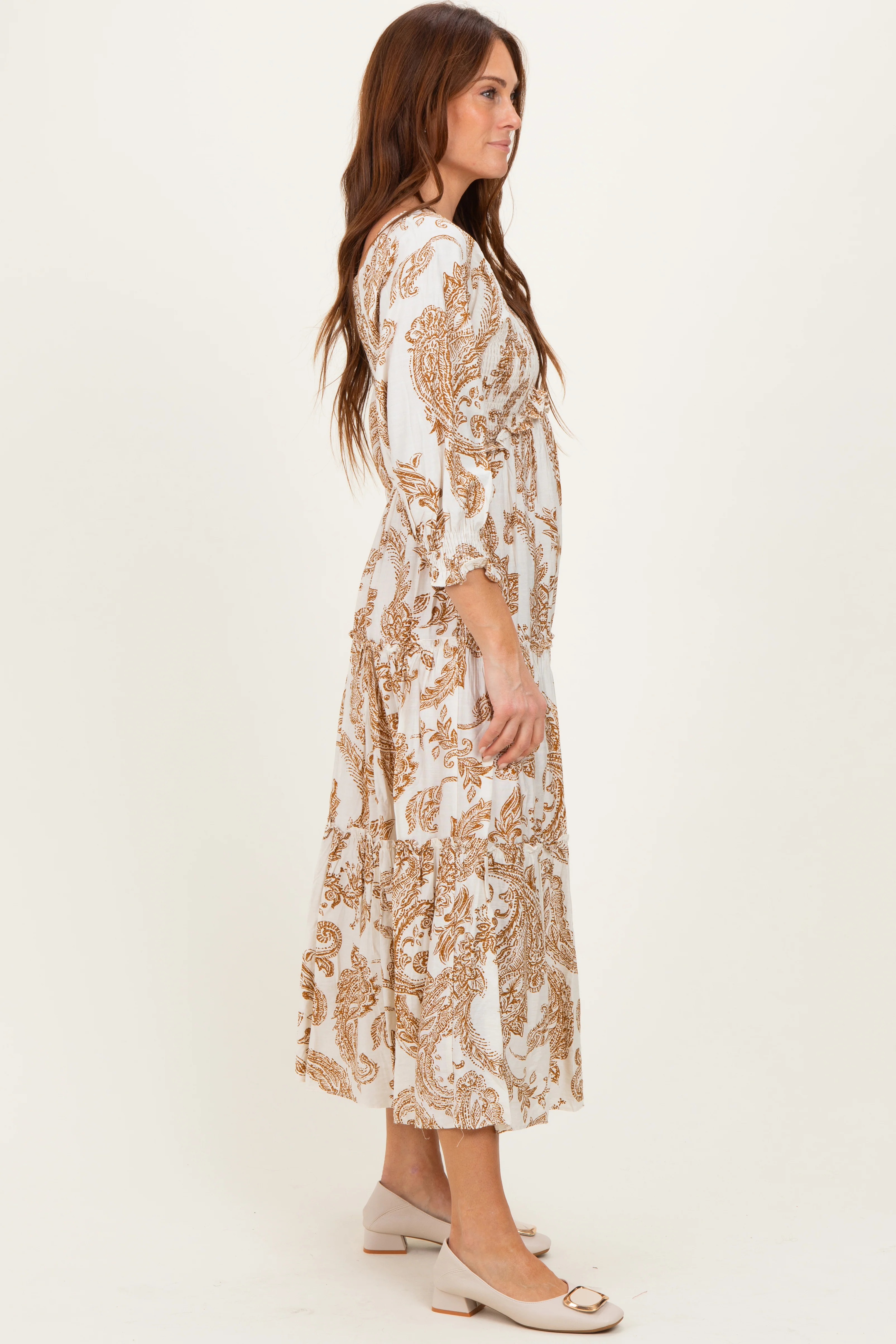 Mocha Damask Smocked Ruffle Tier Midi Dresses - Image 3