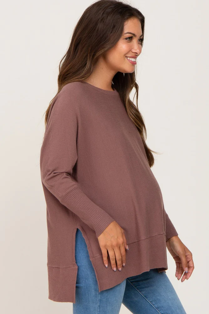 Mocha Dolman Sleeve Side Slit Maternity Sweater - Image 3