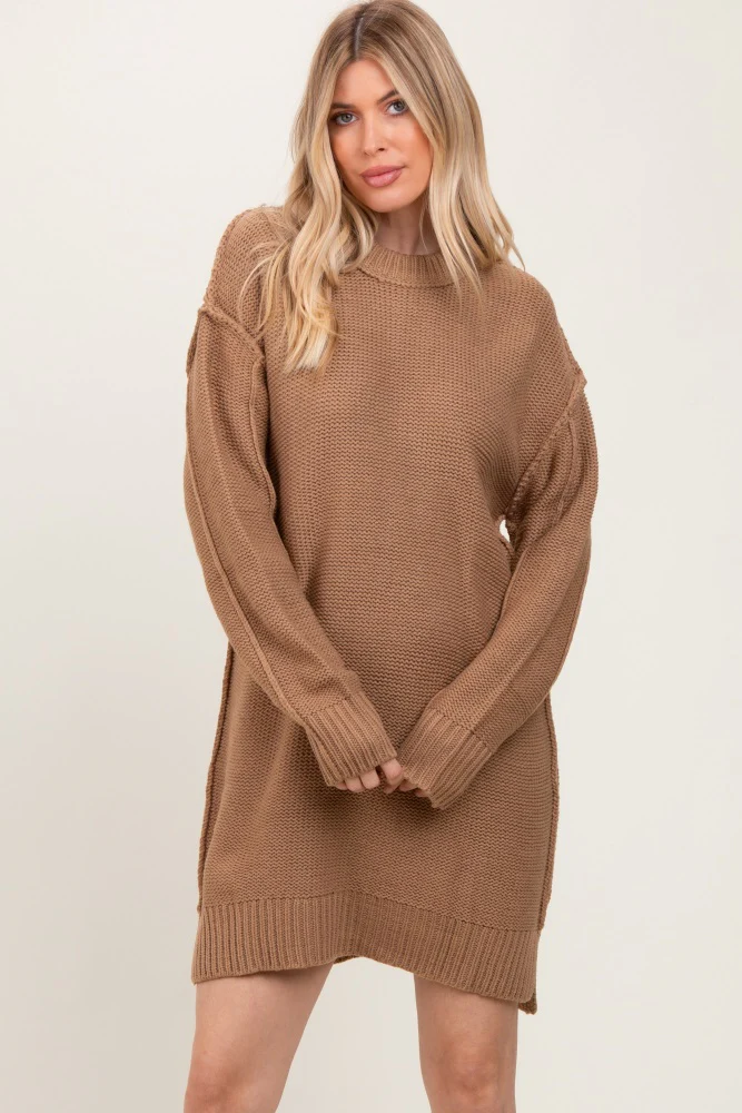 Mocha Exposed Seam Oversized Maternity Sweater Dress - Image 5