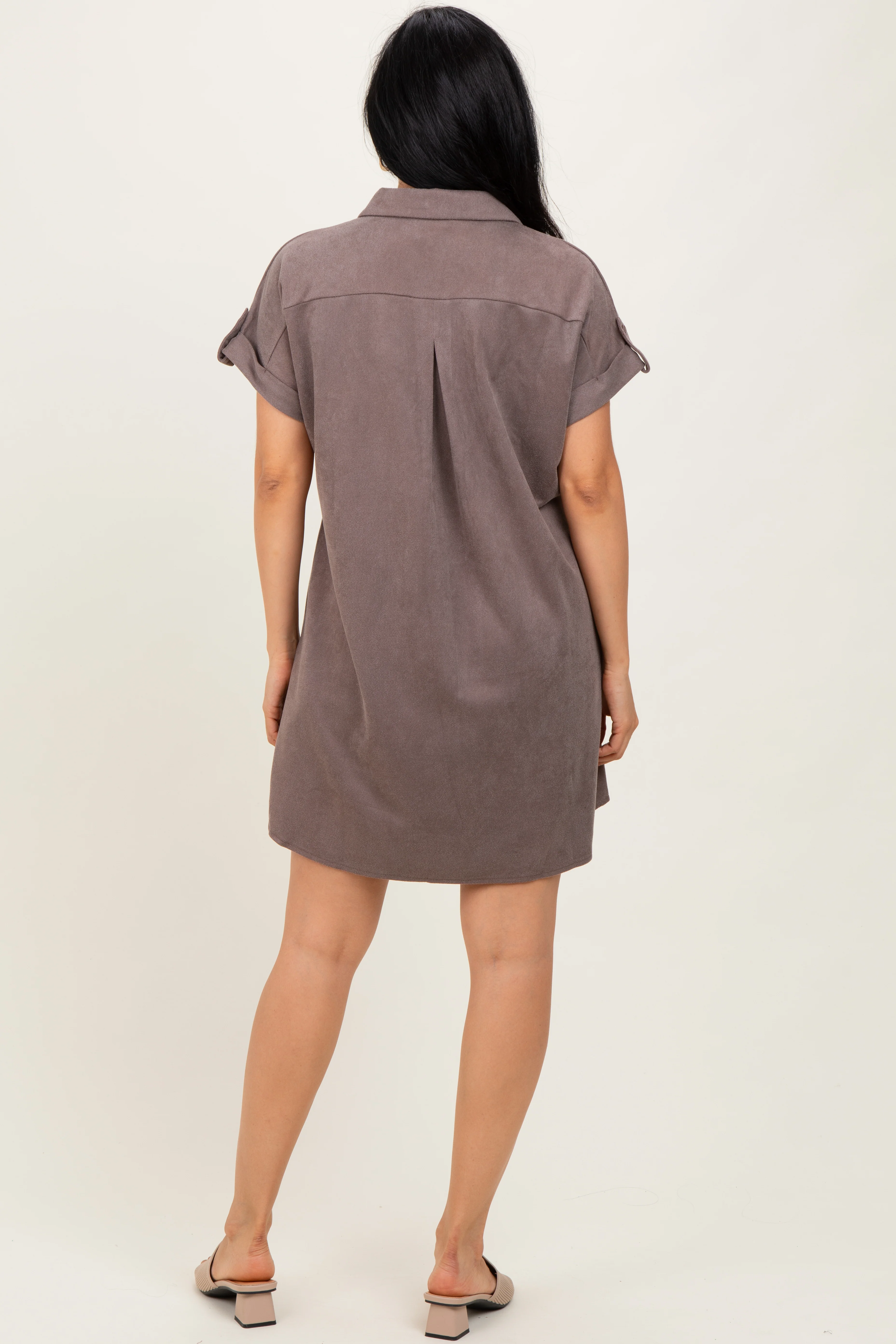 Mocha Faux Suede Button Down Shirt Dress - Image 4