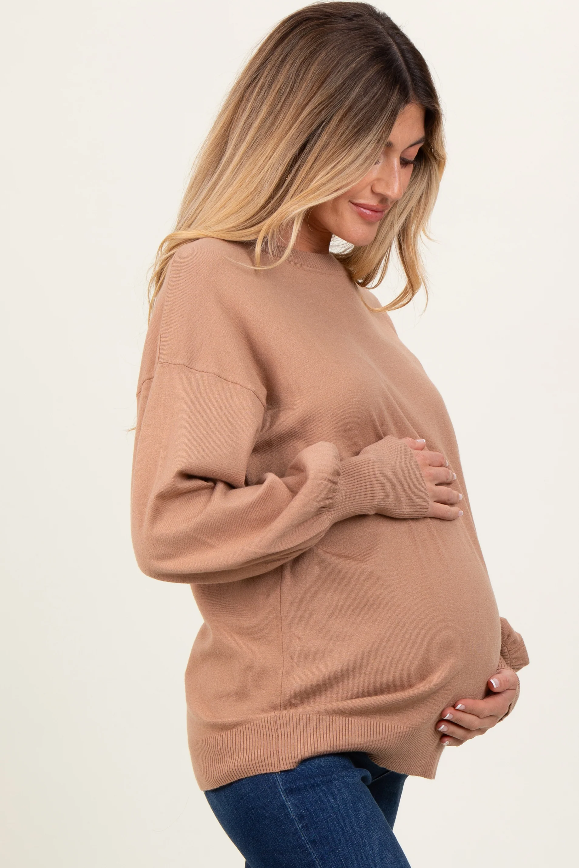 Mocha Fine Knit Balloon Sleeve Maternity Sweater - Image 2