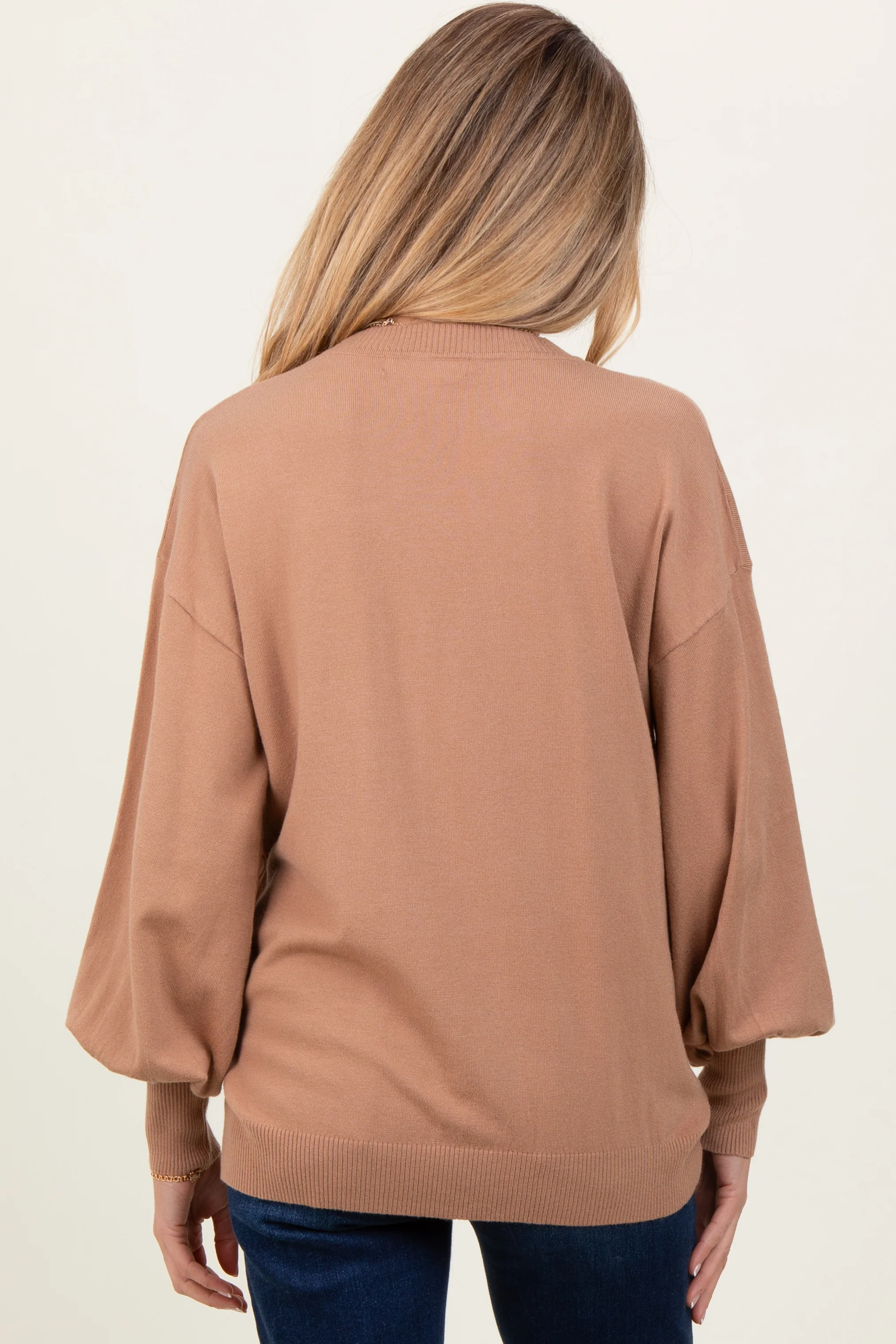 Mocha Fine Knit Balloon Sleeve Maternity Sweater - Image 3