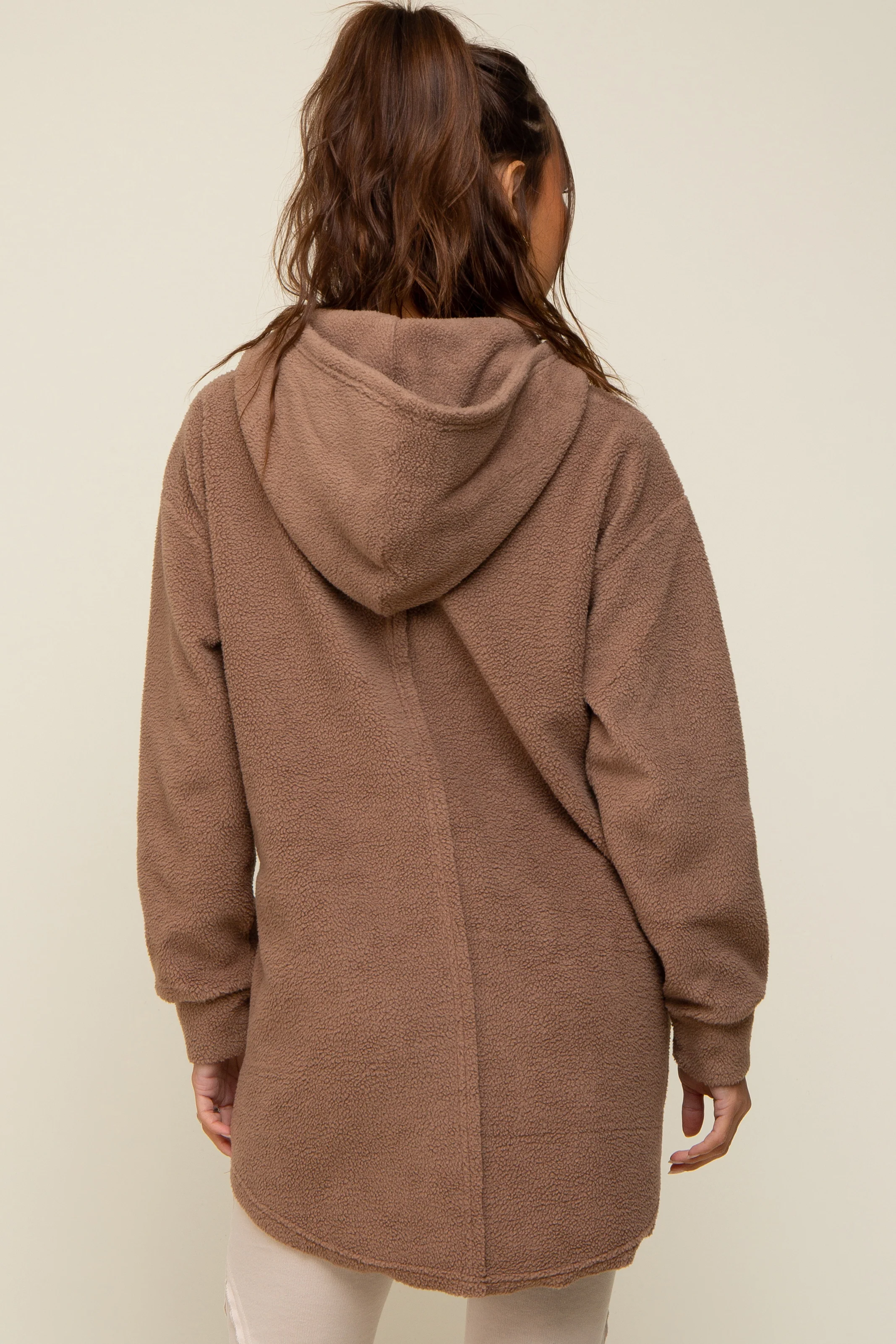 Mocha Fleece Hooded Long Maternity Sweater - Image 4
