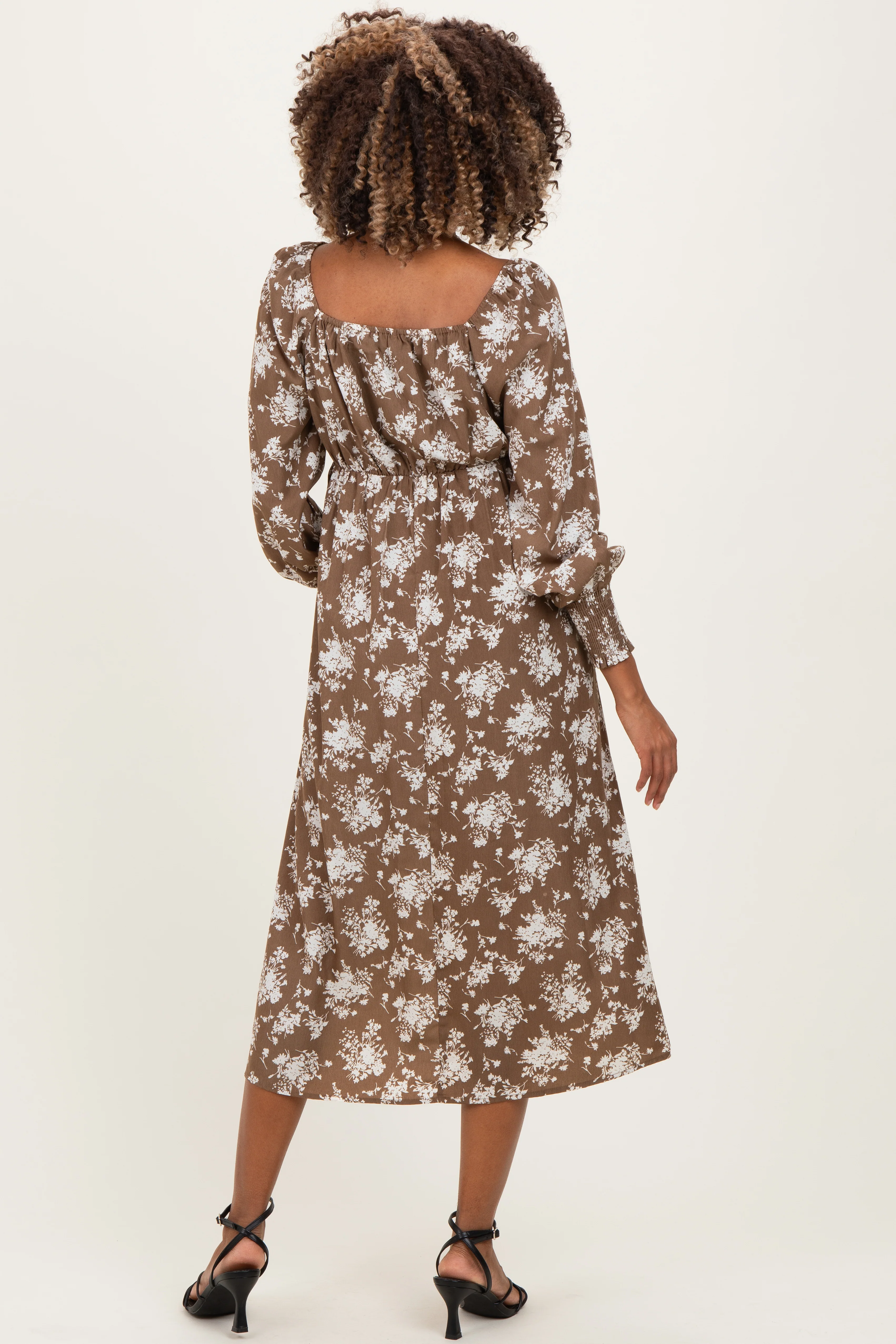 Mocha Floral Crossover Neckline Maternity Midi Dress - Image 3