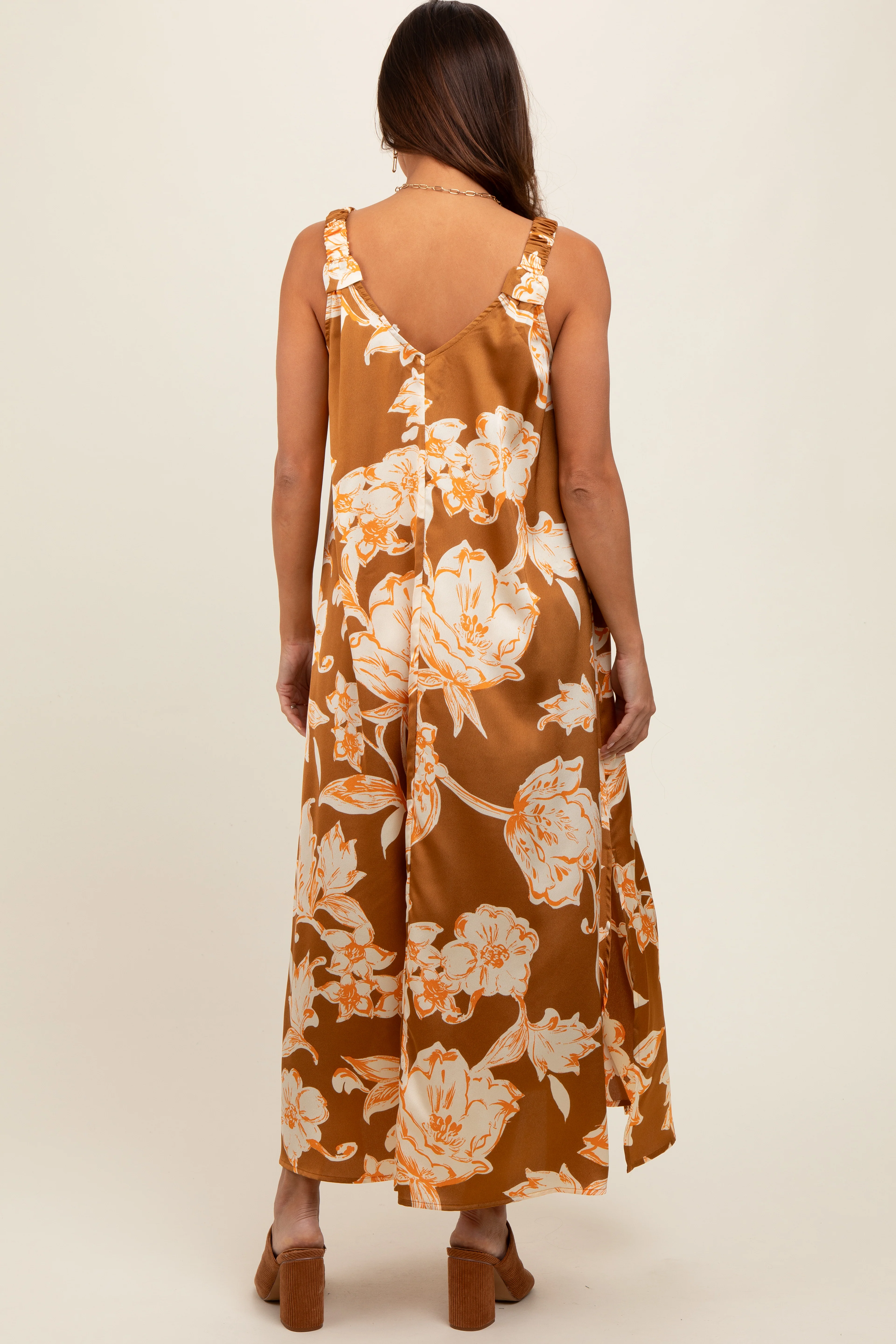 Mocha Floral Ruched Strap V-Neck Maternity Midi Dress - Image 3