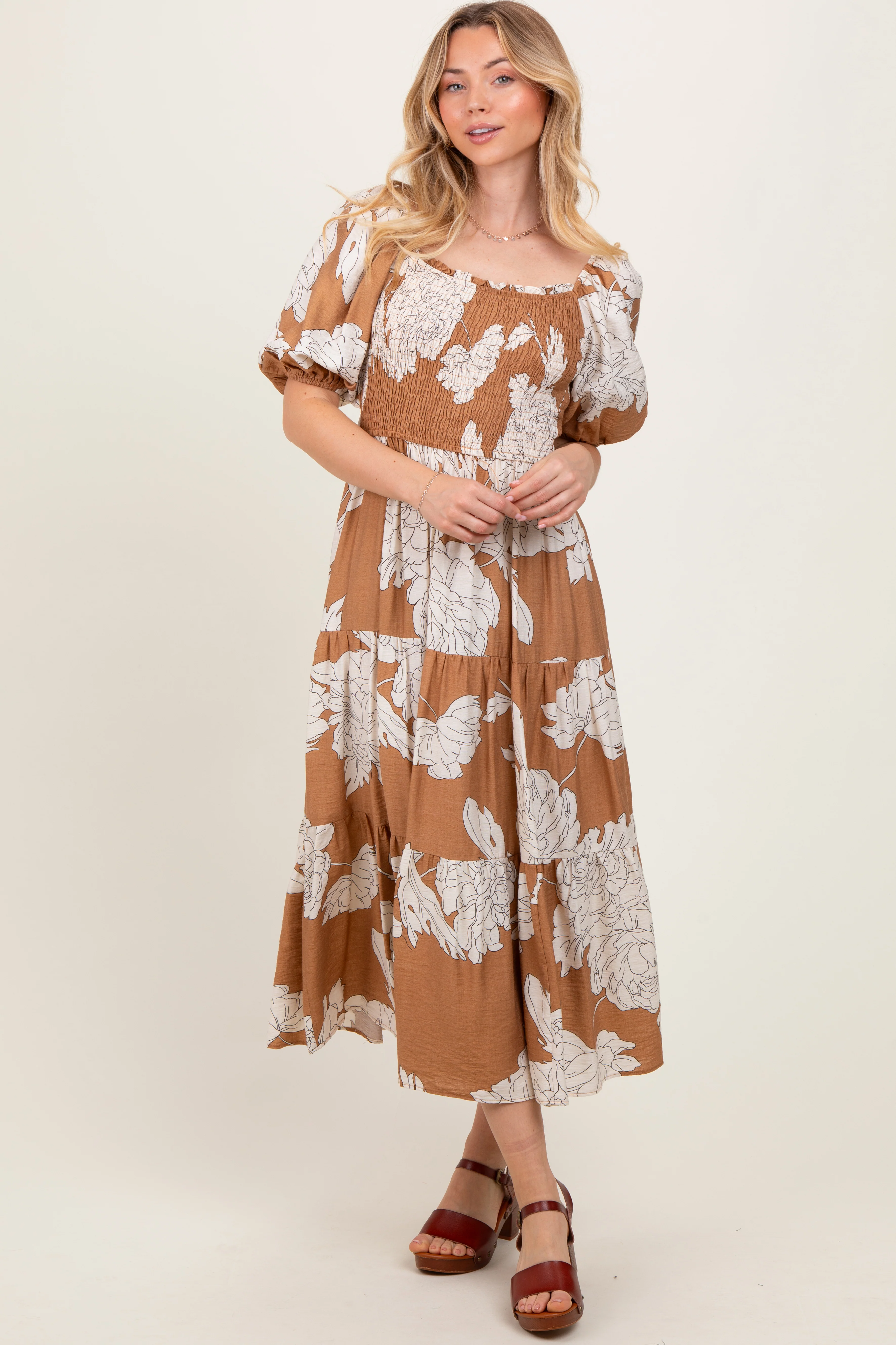 Mocha Floral Smocked Front Tie Cutout Maternity Maxi Dress - Image 5