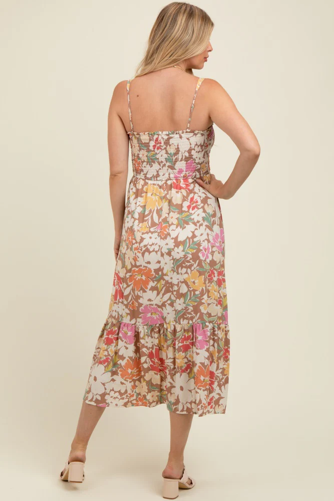Mocha Floral Smocked Sleeveless Maternity Midi Dress - Image 4