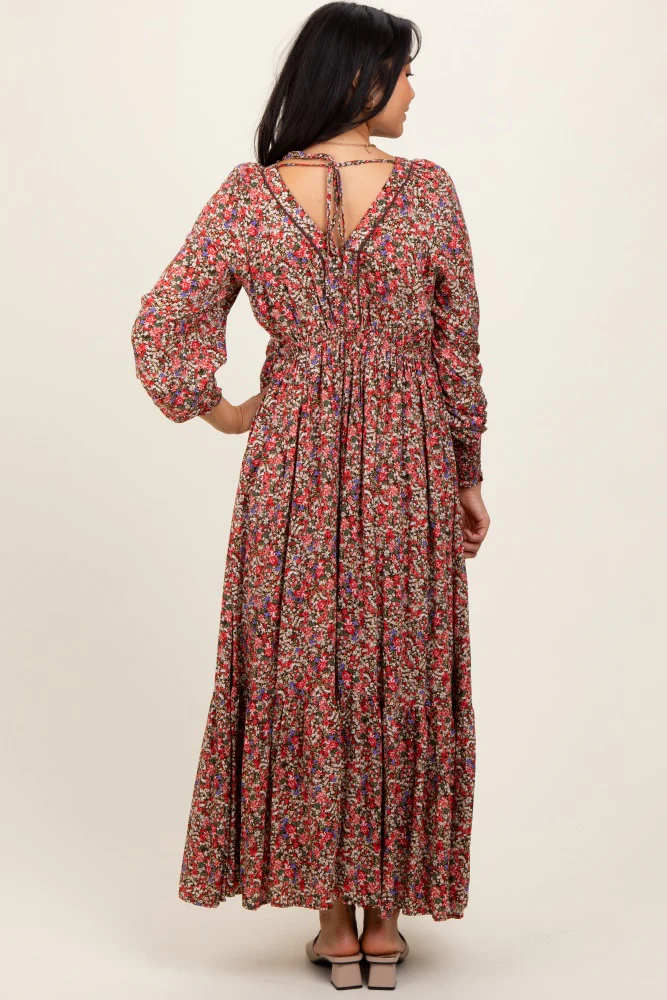 Mocha Floral V-Neck Bubble Sleeve Maxi Dress - Image 3
