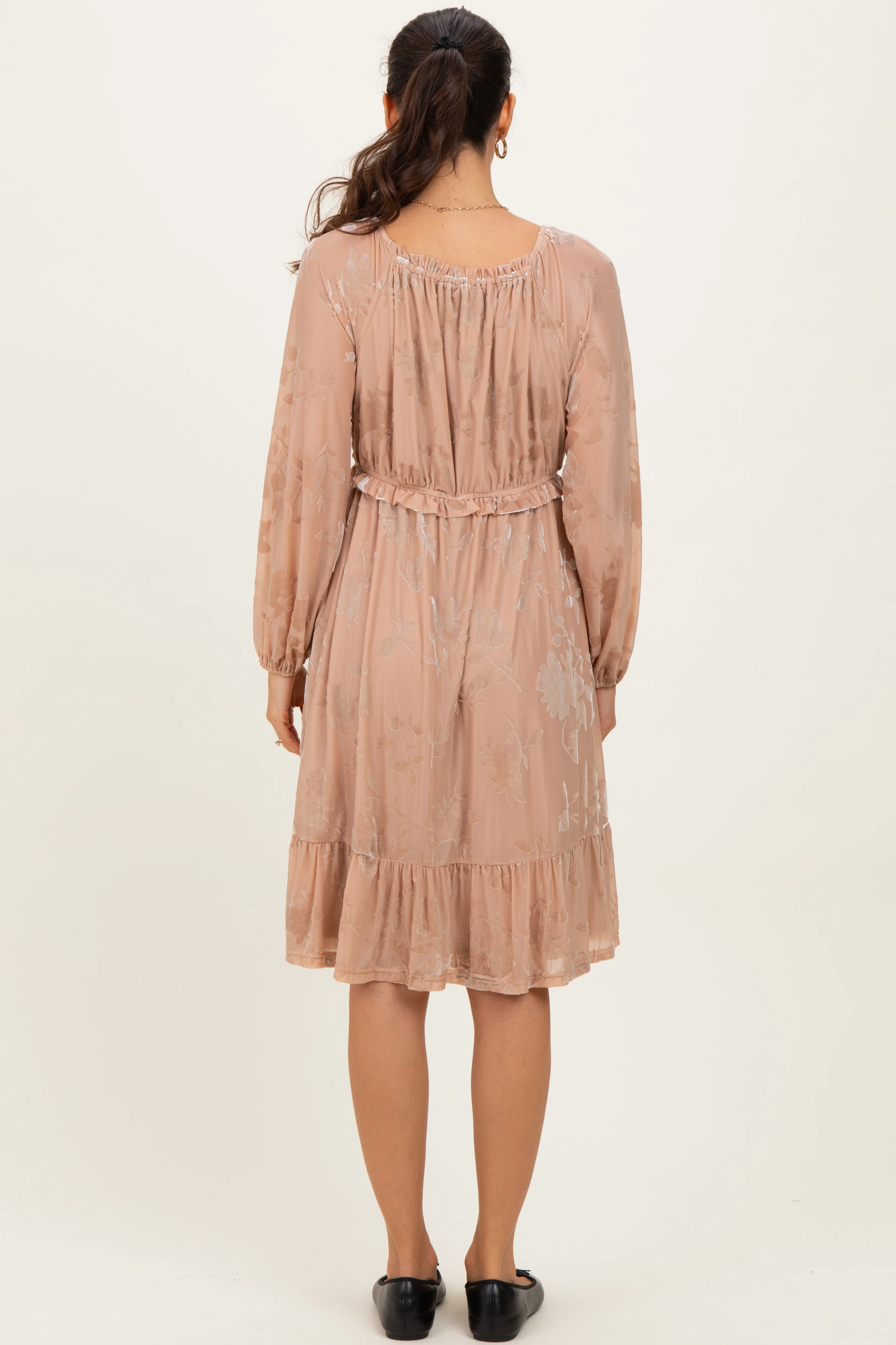 Mocha Floral Velvet Ruffle Accent Dress - Image 4