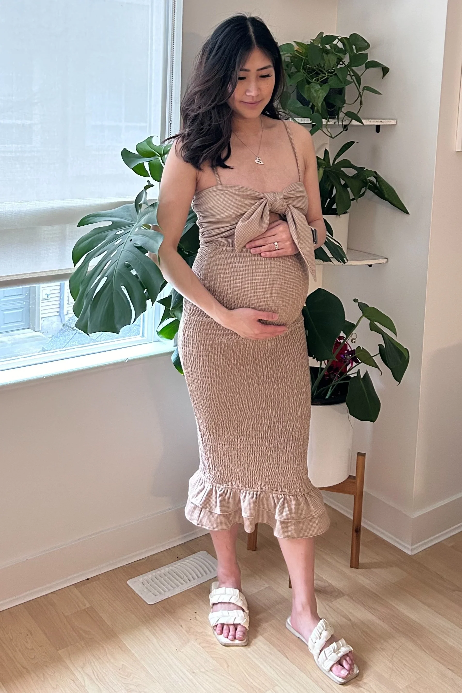 Mocha Gingham Print Smocked Fitted Self-Tie Maternity Midi Dress - Image 18