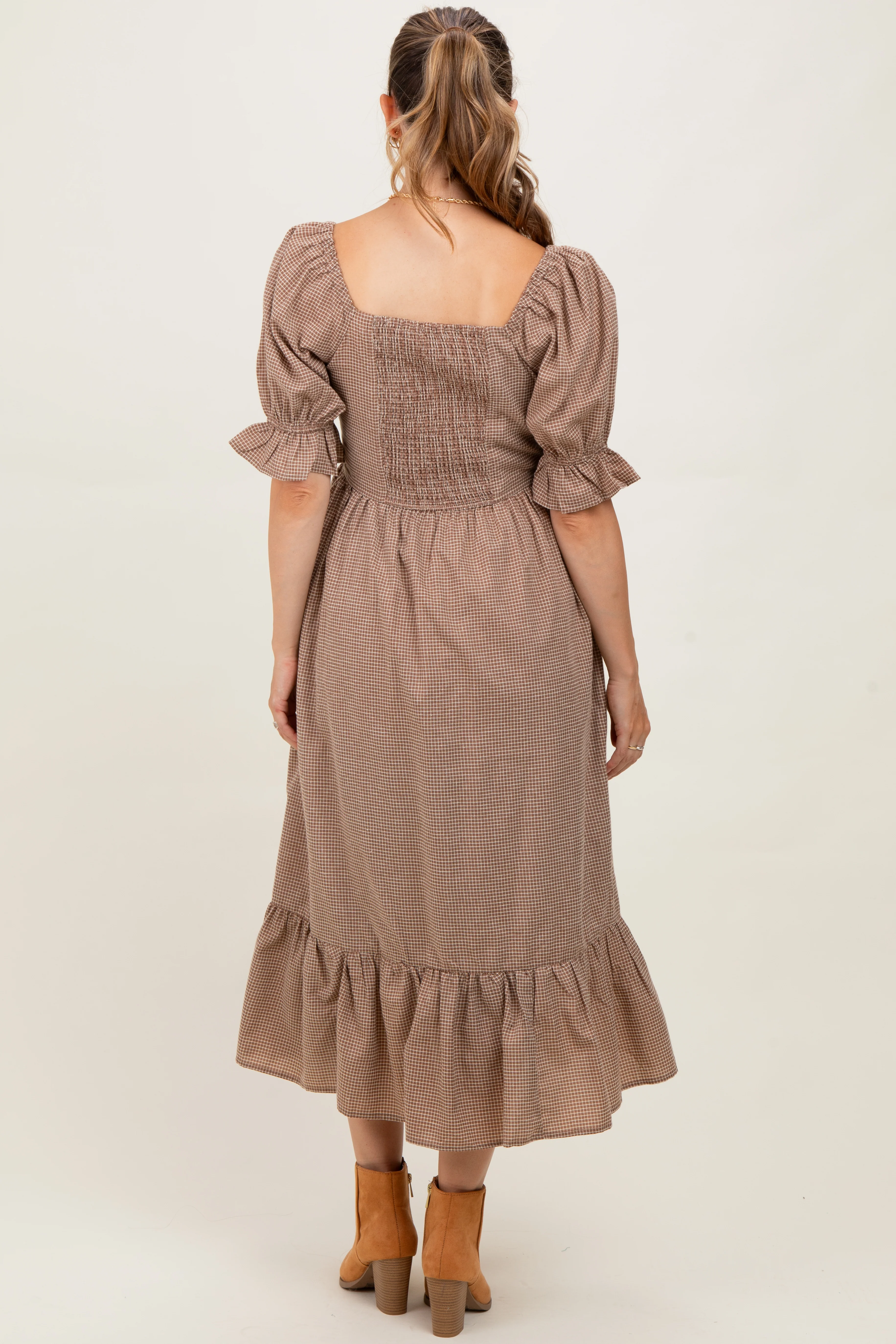 Mocha Gingham Square Neck Maternity Midi Dress - Image 4