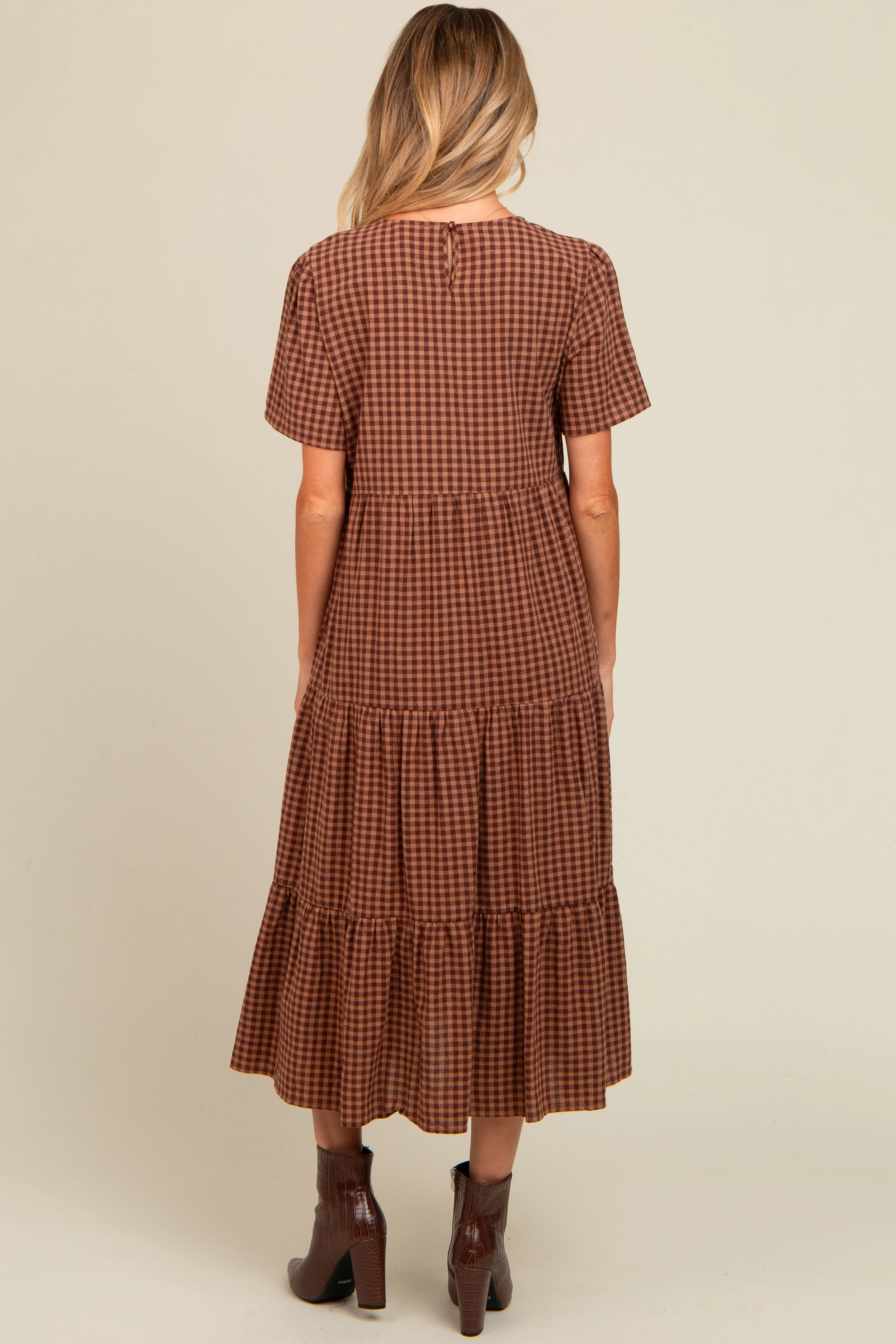 Mocha Gingham Tiered Maternity Midi Dress - Image 3