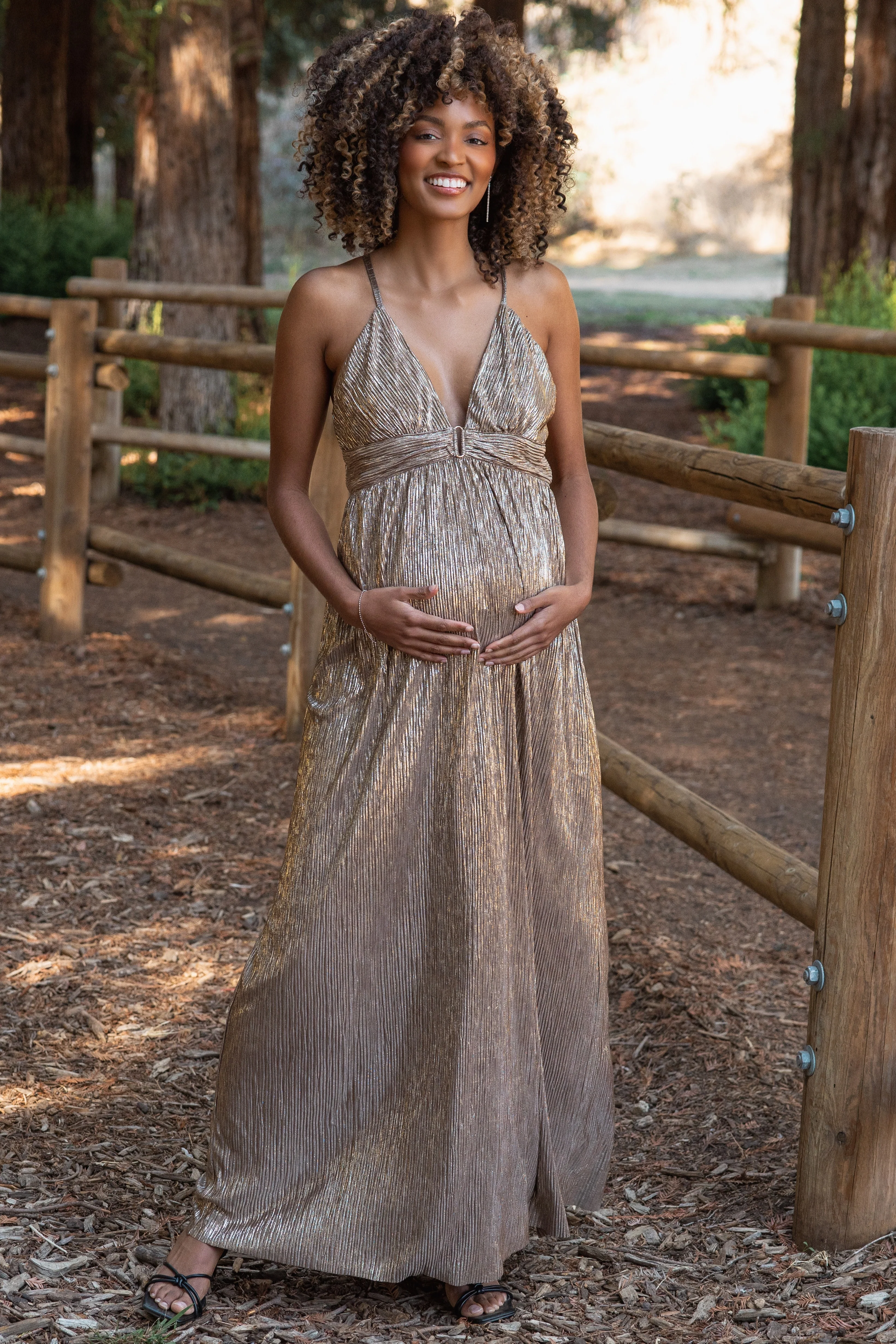 Mocha Gold Gold Foiled Plunging Maternity Maxi Dress - Image 2
