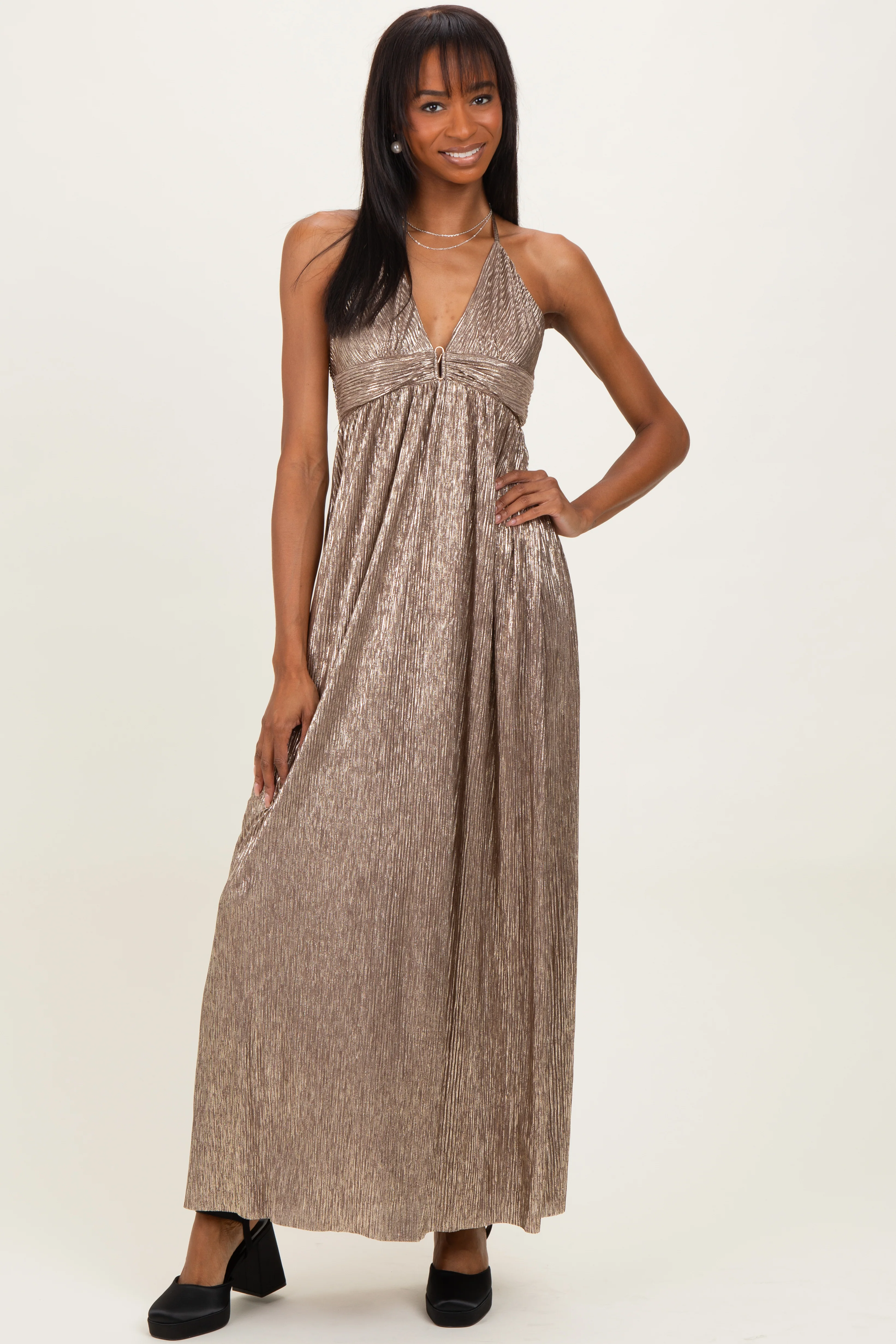 Mocha Gold Gold Foiled Plunging Maternity Maxi Dress - Image 5