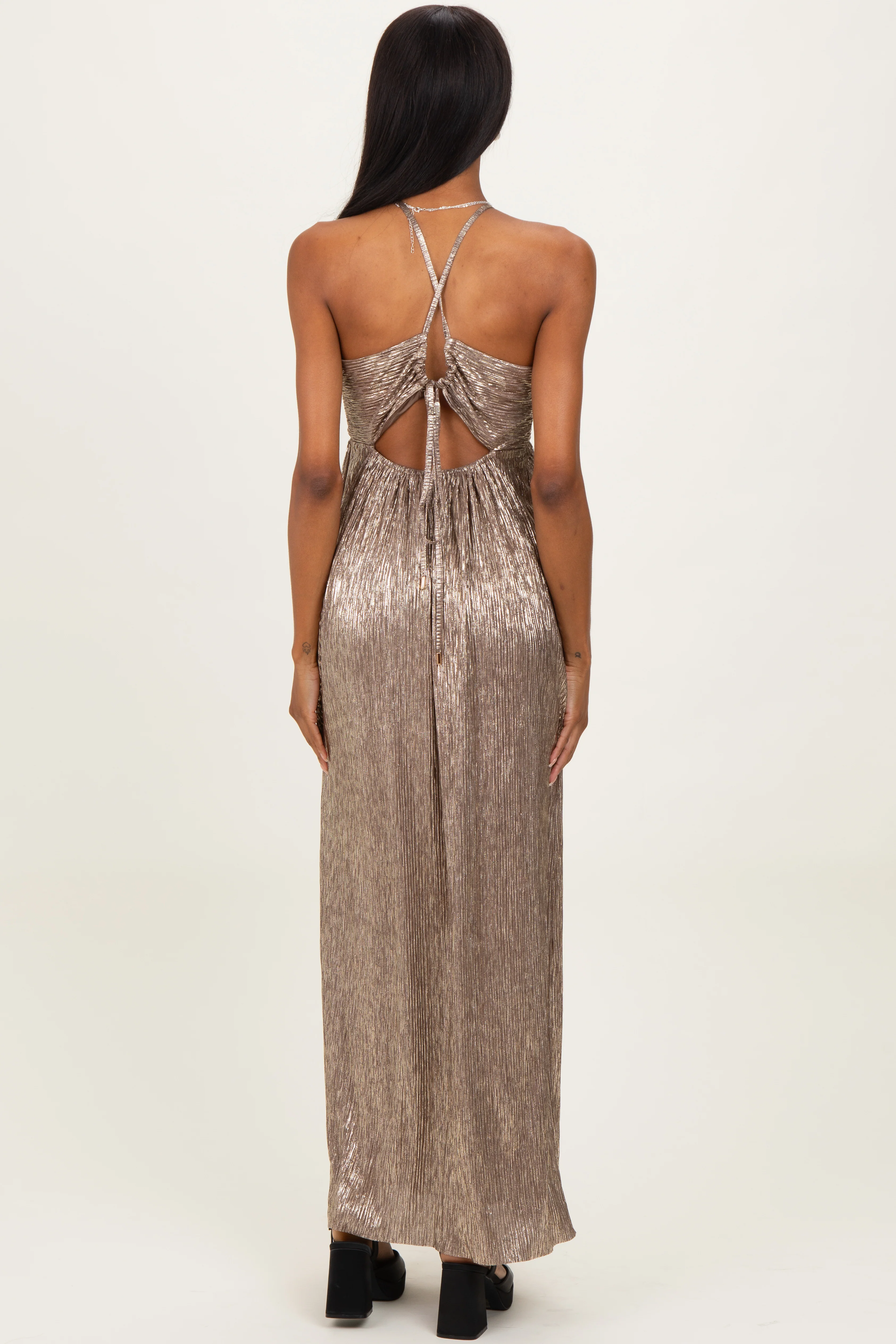 Mocha Gold Gold Foiled Plunging Maxi Dress - Image 3
