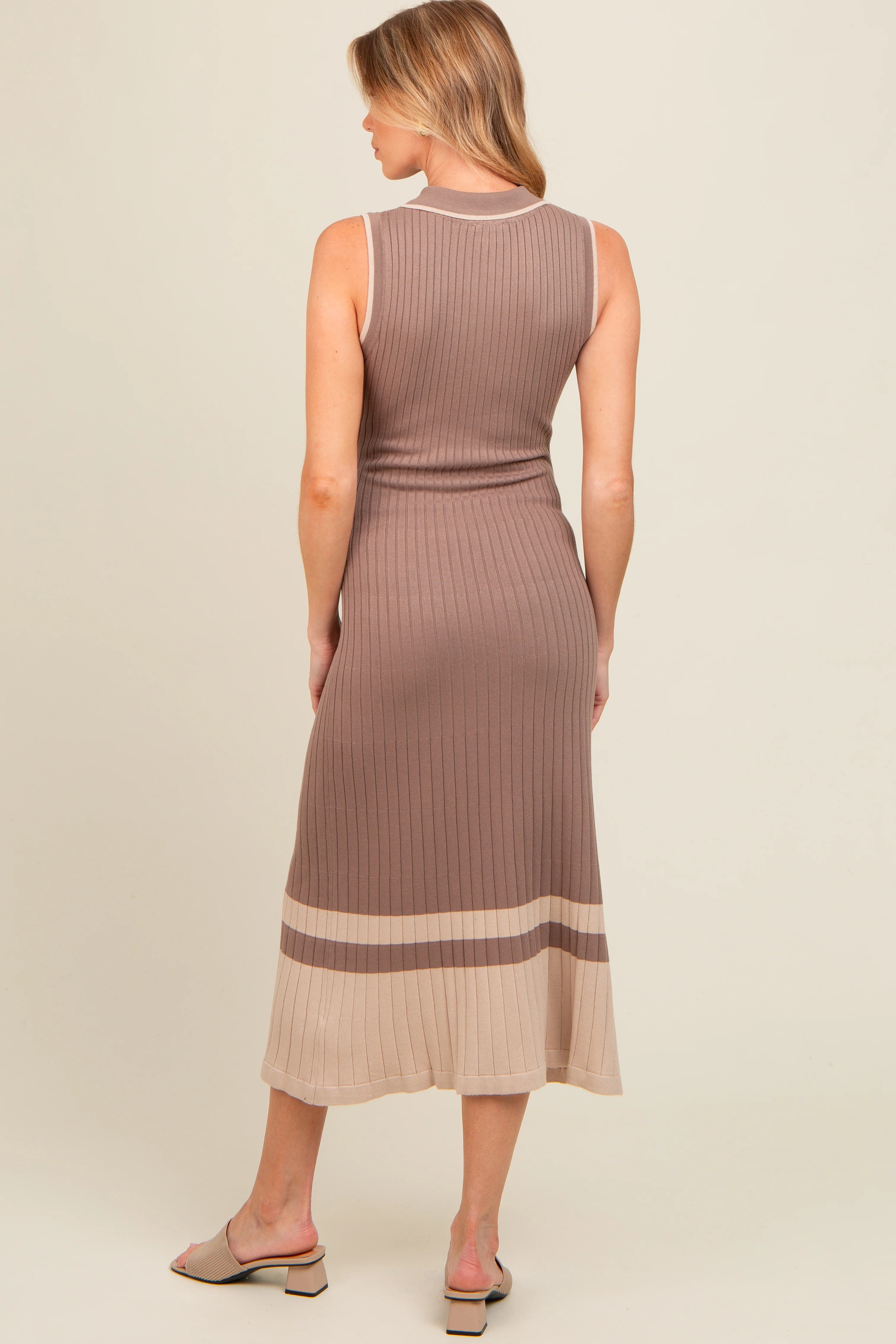 Mocha Knit Button Front Contrast Border Maternity Midi Dress - Image 4