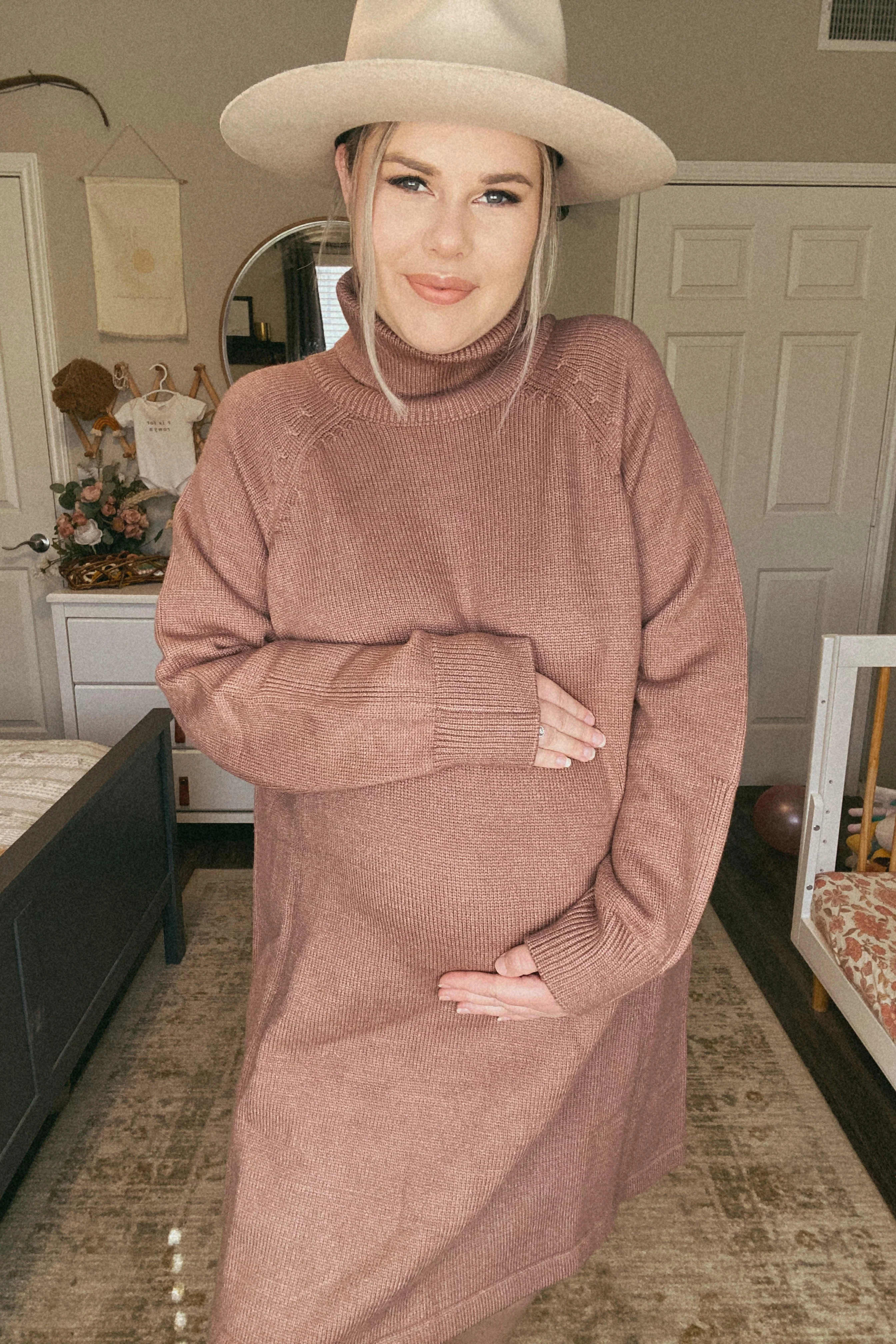 Mocha Knit Turtleneck Maternity Sweater Dress - Image 6