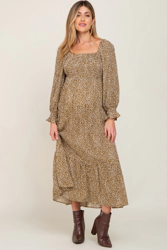 Mocha Leopard Print Square Neck Smocked Maternity Midi Dress - Image 5