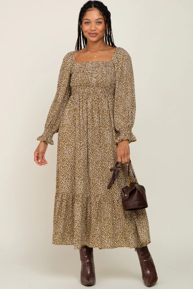 Mocha Leopard Print Square Neck Smocked Midi Dress - Image 5