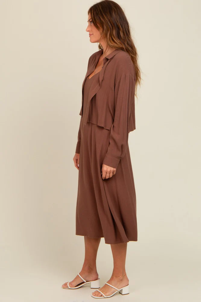 Mocha Linen Cropped Shirt Midi Dress Set - Image 2