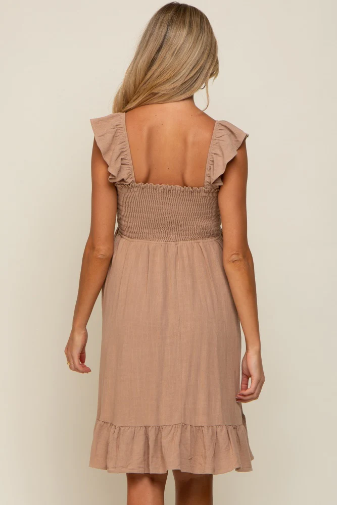 Mocha Linen Sleeveless Smocked Maternity Dress - Image 4